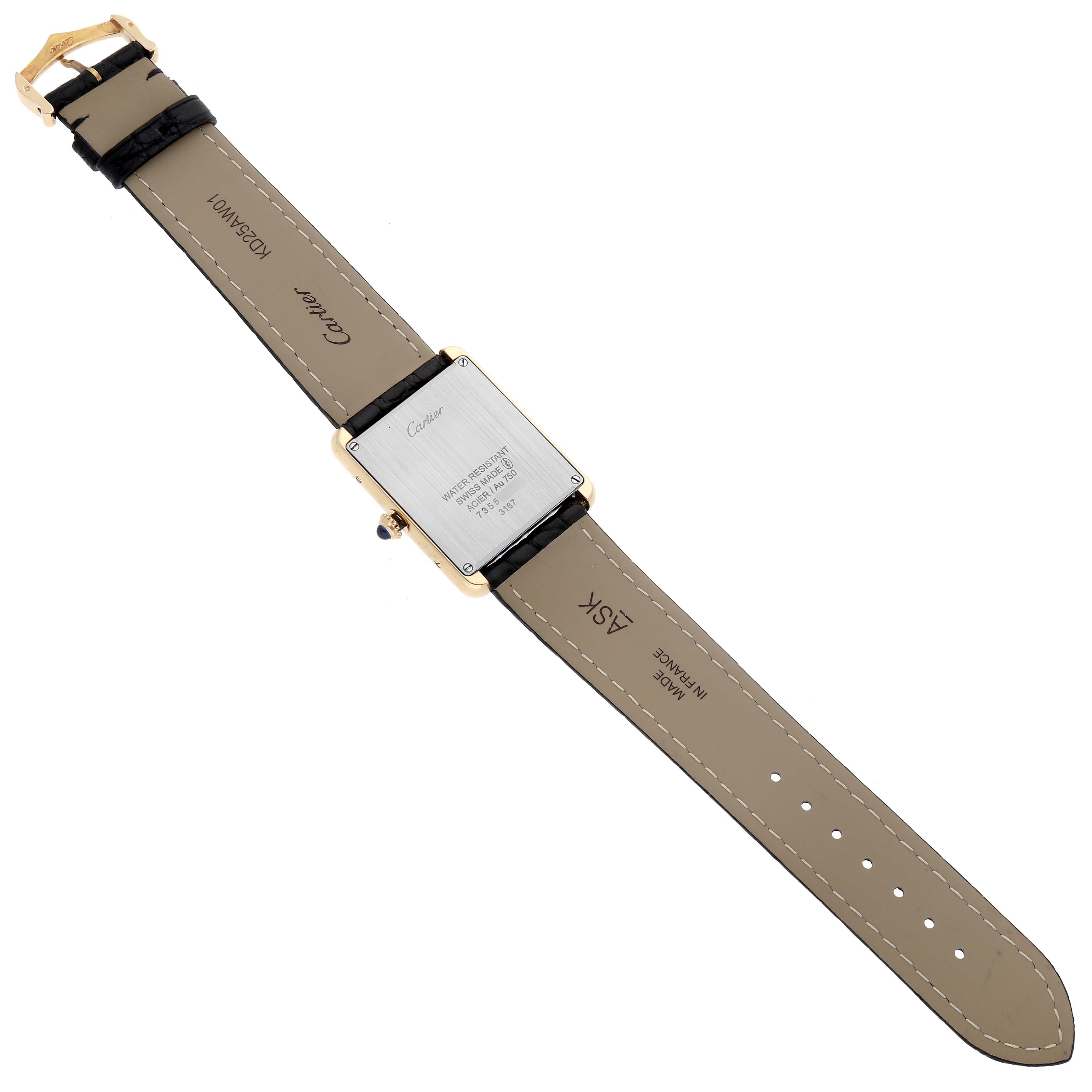 The image shows the back view of a Cartier Tank Solo W5200004 Men's Steel and Gold (two tone) Silver Dial W5200004 Men's Steel and Gold (two tone) Silver Dial watch, highlighting its leather strap, buckle, and back casing.