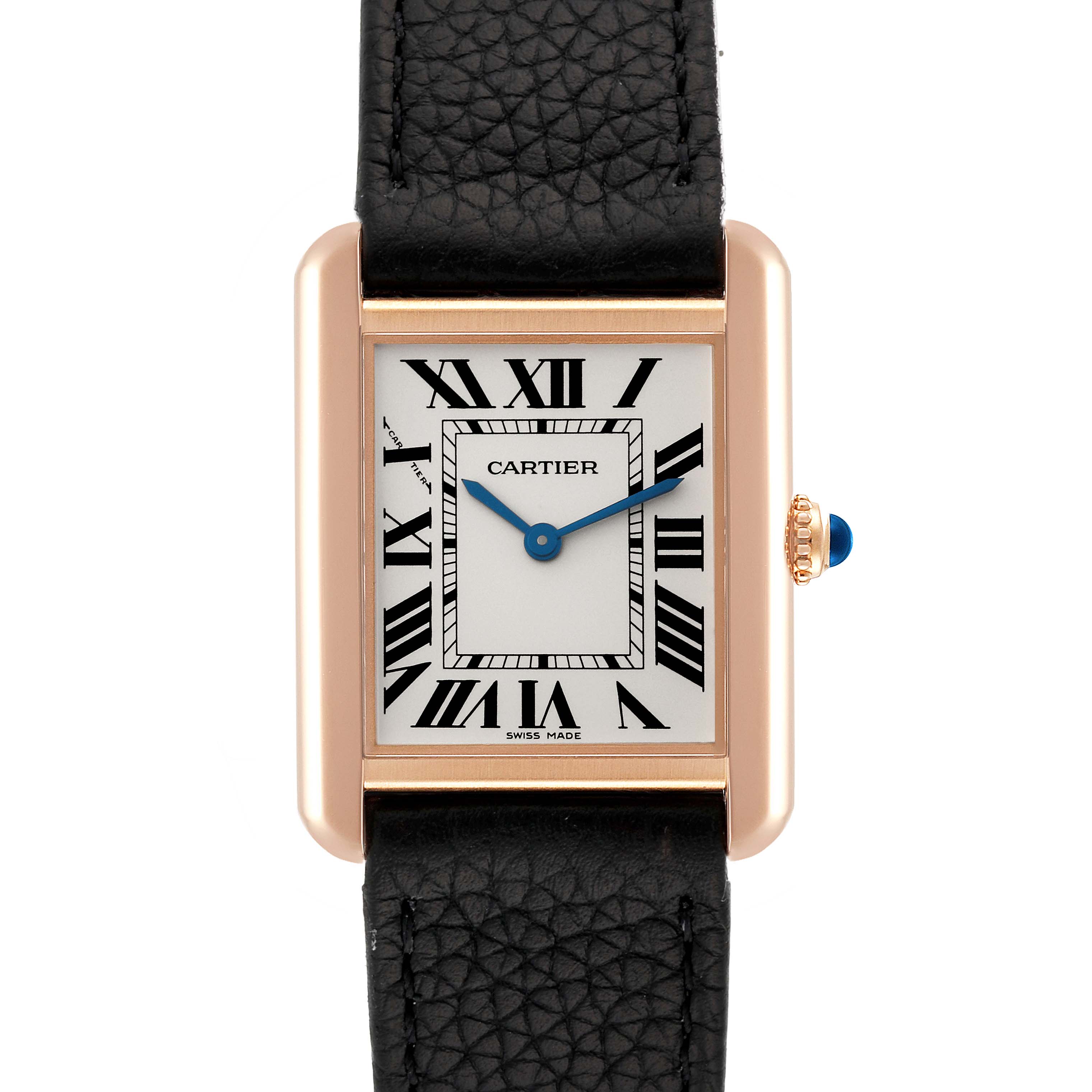 This image shows a front view of the Cartier Tank Solo W5200024 Women's Steel and Gold (two tone) Silver Dial W5200024 Women's Steel and Gold (two tone) Silver Dial watch, highlighting the rectangular face, Roman numerals, and black leather strap.