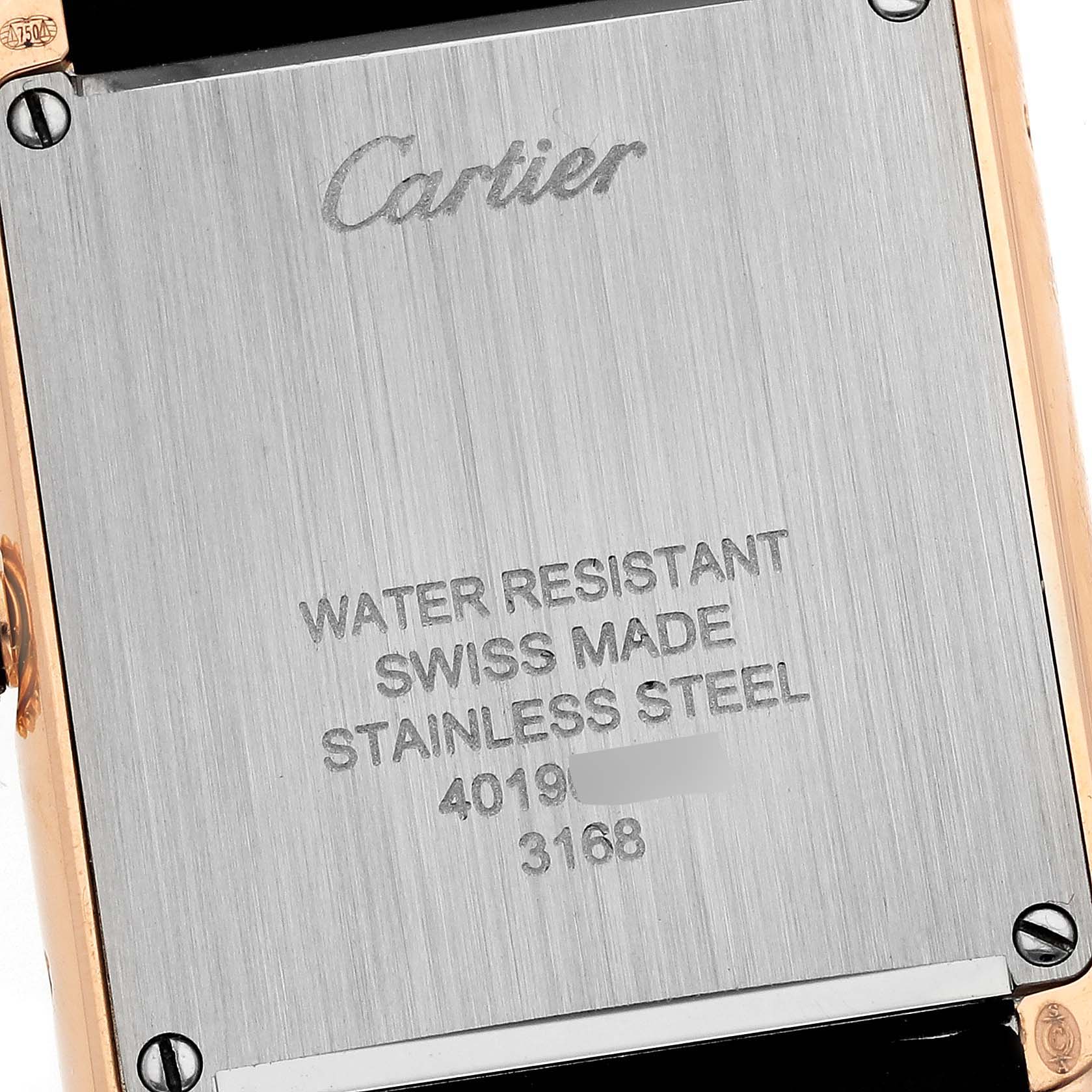The image shows the back case of a Cartier Tank Solo W5200024 Women's Steel and Gold (two tone) Silver Dial W5200024 Women's Steel and Gold (two tone) Silver Dial watch, detailing its water resistance and material.