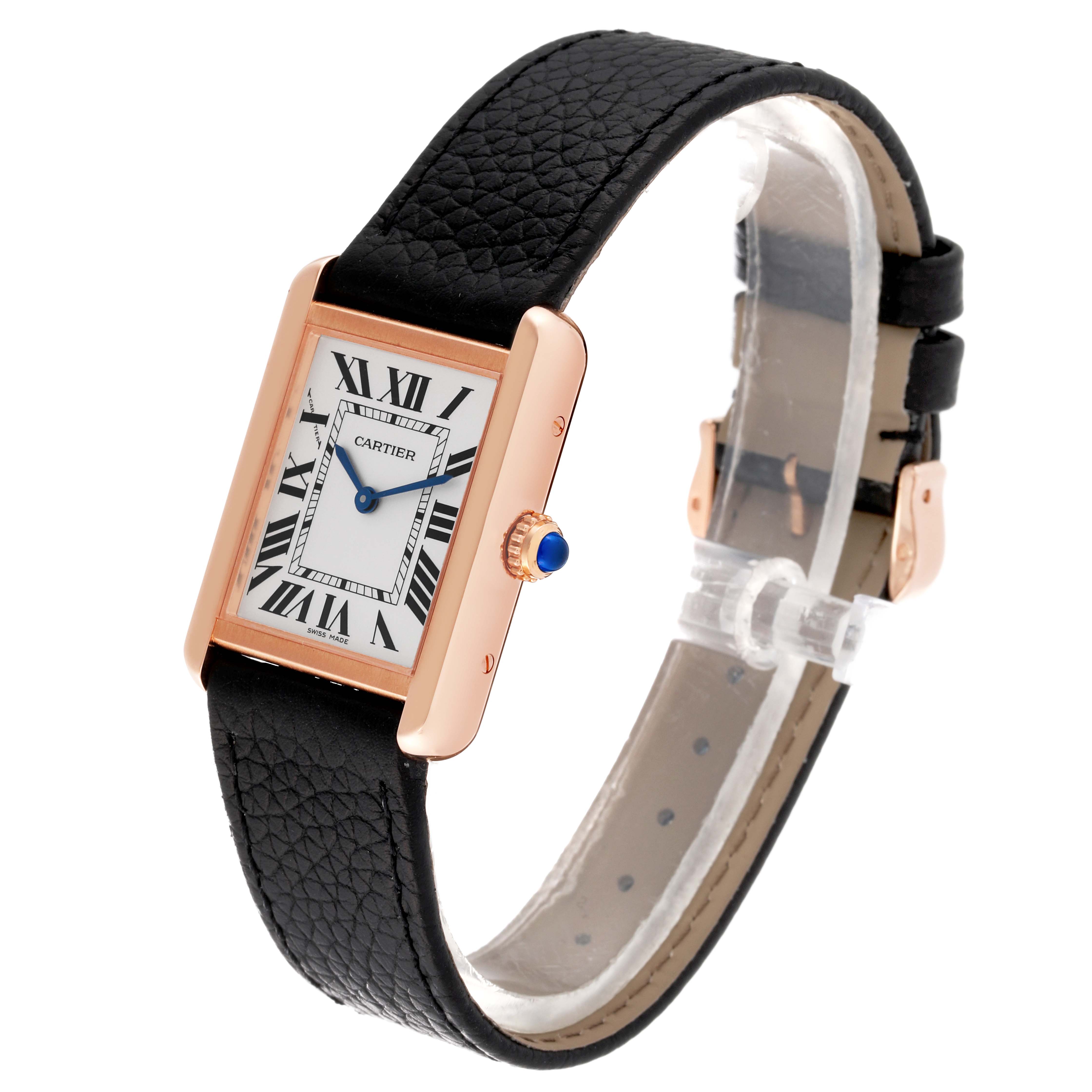 The image shows a Cartier Tank Solo W5200024 Women's Steel and Gold (two tone) Silver Dial W5200024 Women's Steel and Gold (two tone) Silver Dial watch from a front-left angle, highlighting its rectangular face, black leather strap, and crown.