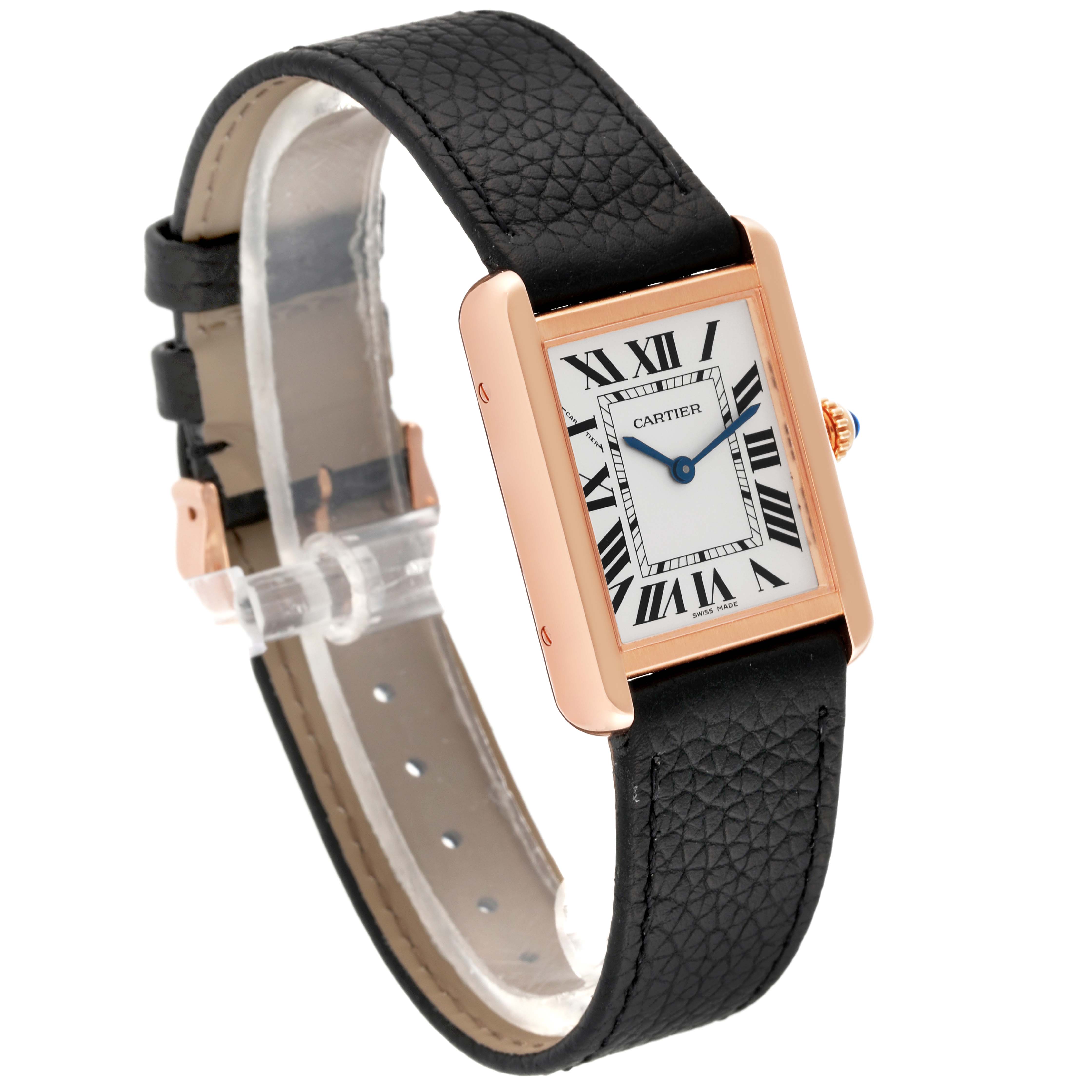The Cartier Tank Solo W5200024 Women's Steel and Gold (two tone) Silver Dial W5200024 Women's Steel and Gold (two tone) Silver Dial watch is shown at a slight angle, highlighting its rectangular face, rose gold case, and black leather strap.