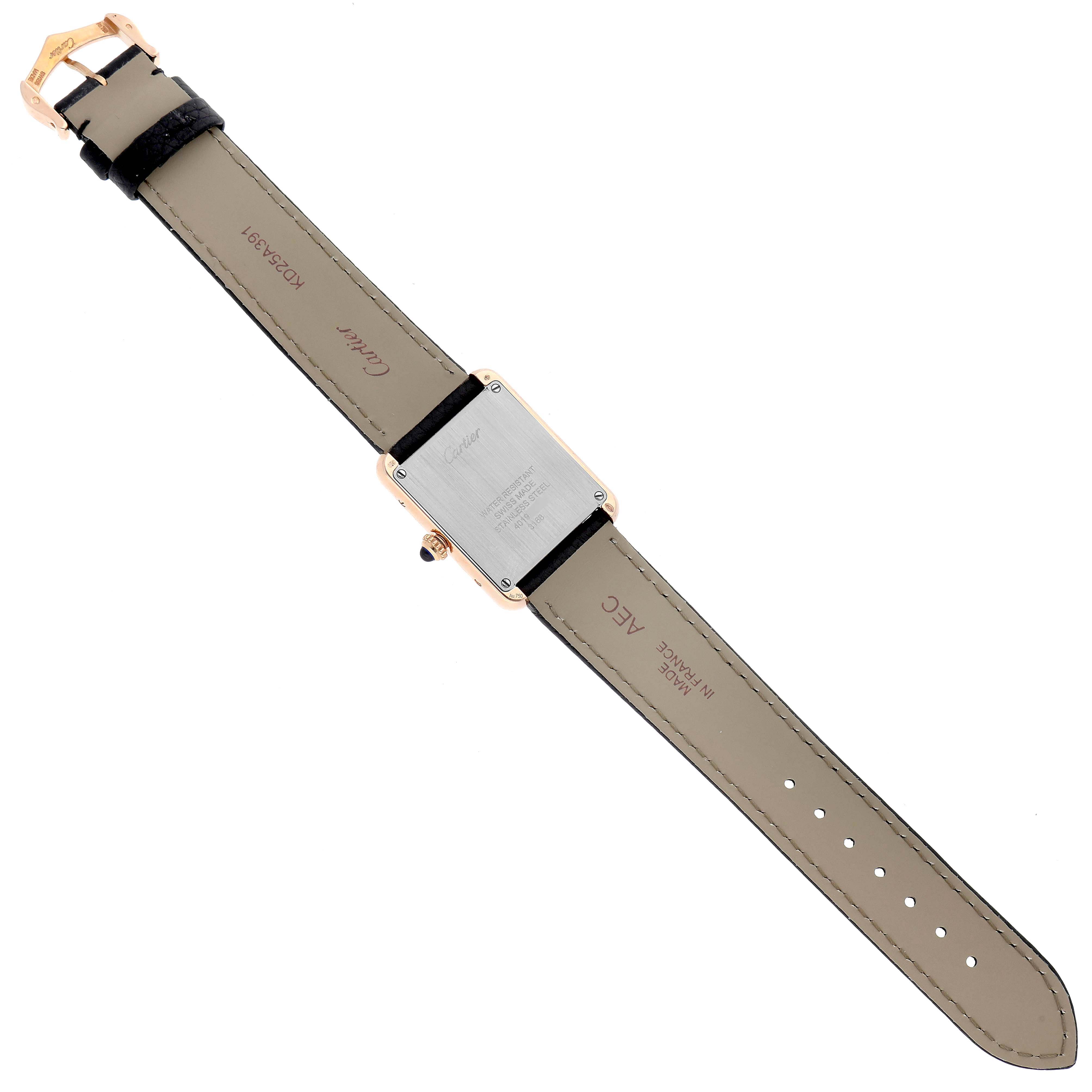 The image shows the back and strap of a Cartier Tank Solo W5200024 Women's Steel and Gold (two tone) Silver Dial W5200024 Women's Steel and Gold (two tone) Silver Dial watch, including the buckle and case back.