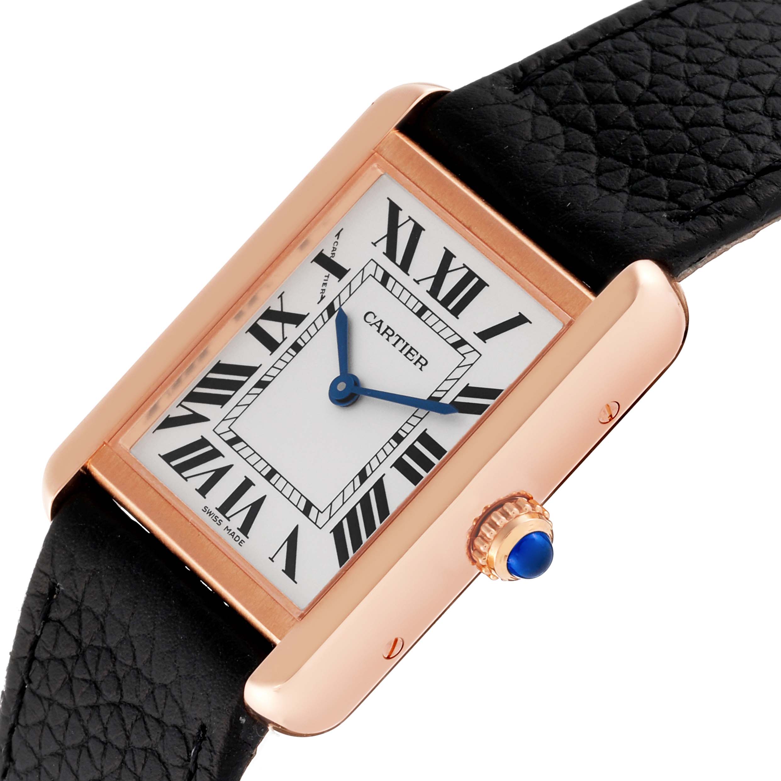 The image shows a close-up of the Cartier Tank Solo W5200024 Women's Steel and Gold (two tone) Silver Dial W5200024 Women's Steel and Gold (two tone) Silver Dial watch model, highlighting the face, crown, and leather strap from an angled viewpoint.