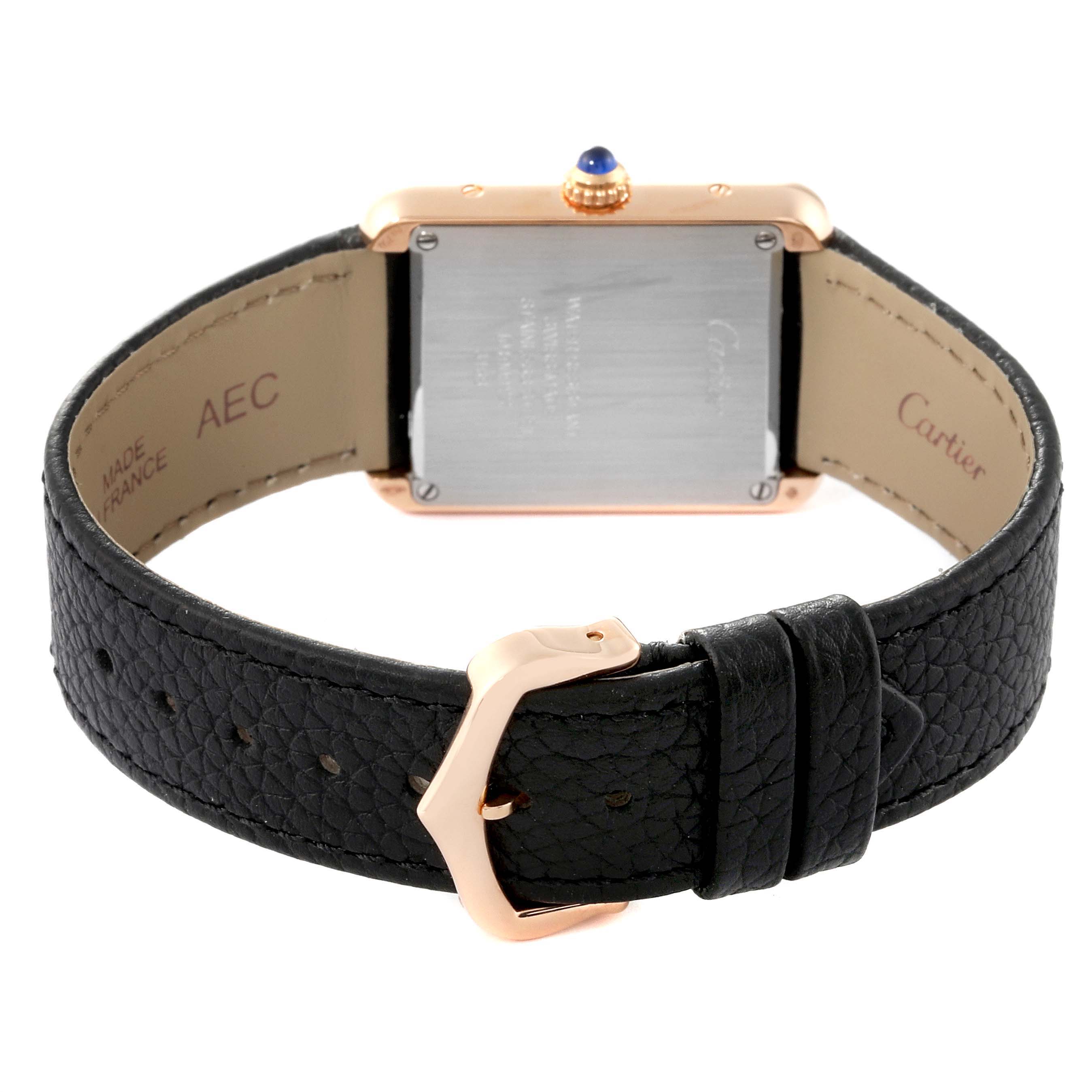 The image shows the back view of the Cartier Tank Solo W5200024 Women's Steel and Gold (two tone) Silver Dial W5200024 Women's Steel and Gold (two tone) Silver Dial watch, highlighting the case back, leather strap, and buckle.