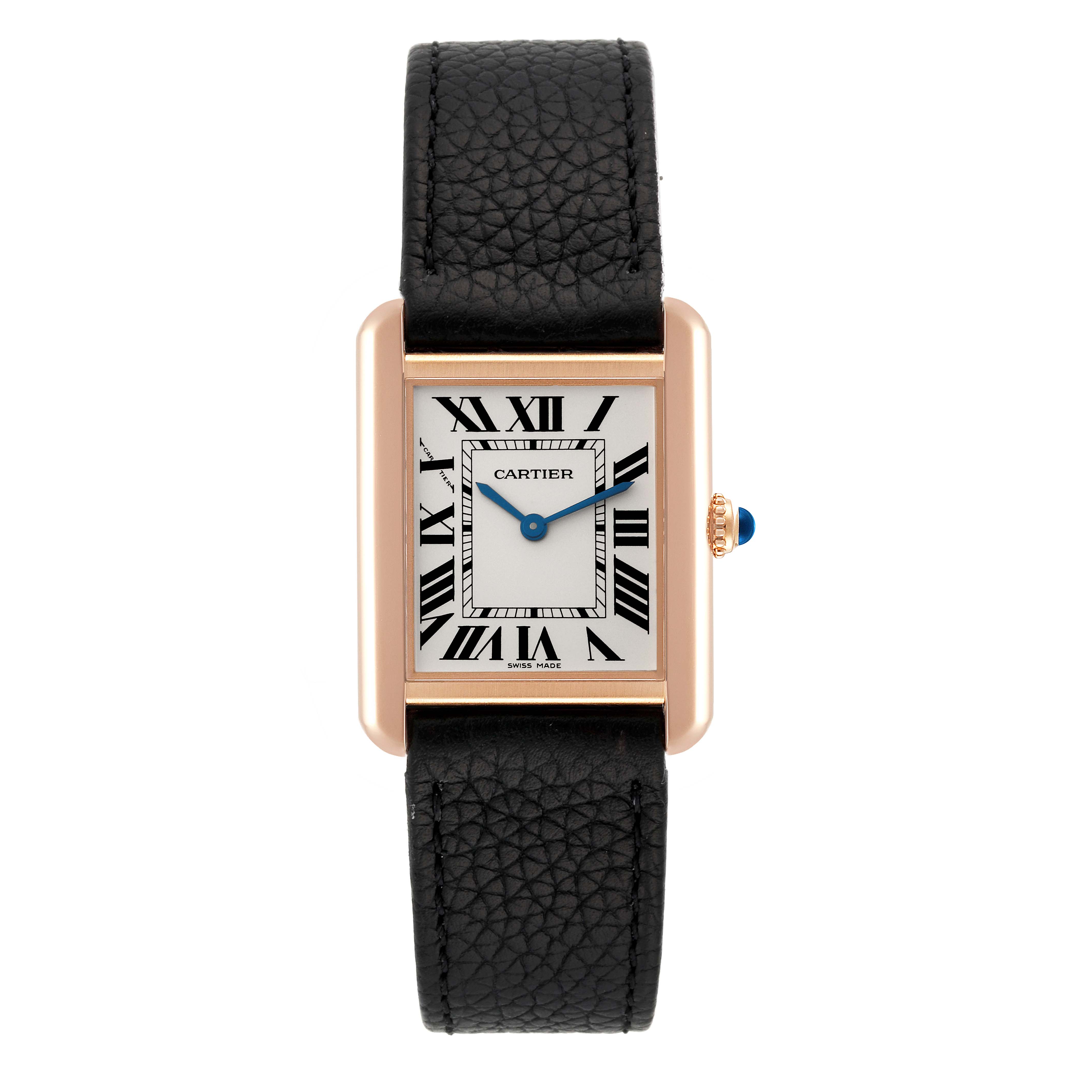 This image shows a frontal view of the Tank Solo model by Cartier, featuring the watch face, strap, and crown.