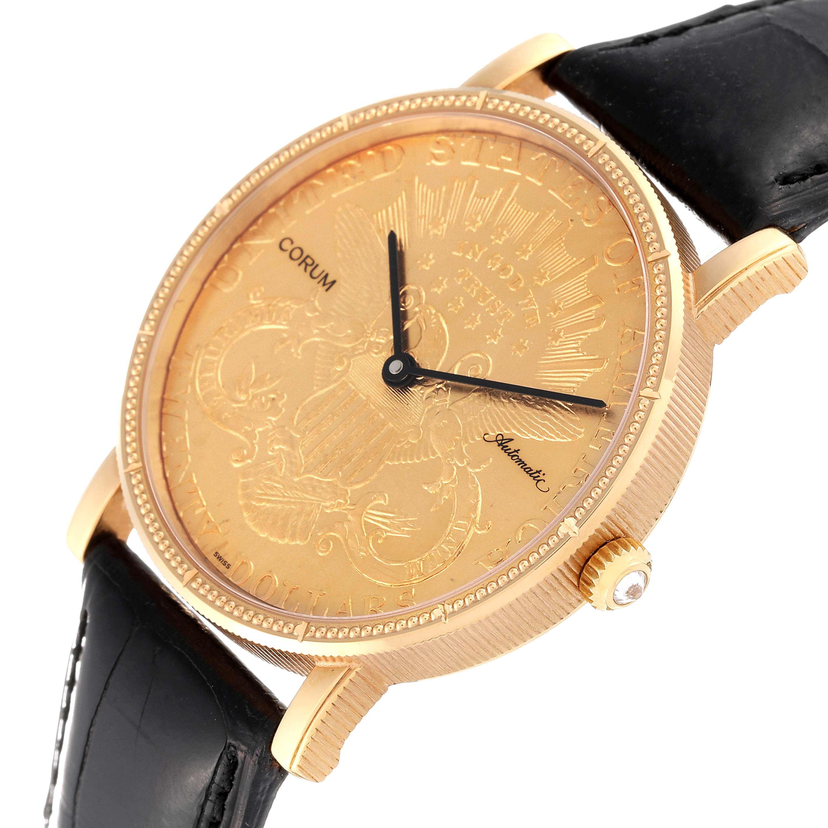 The image shows a Corum Coin Watch Men's Yellow Gold Champagne Dial Men's Yellow Gold Champagne Dial model from an angled front view, highlighting its gold case, intricate dial, and black leather strap.