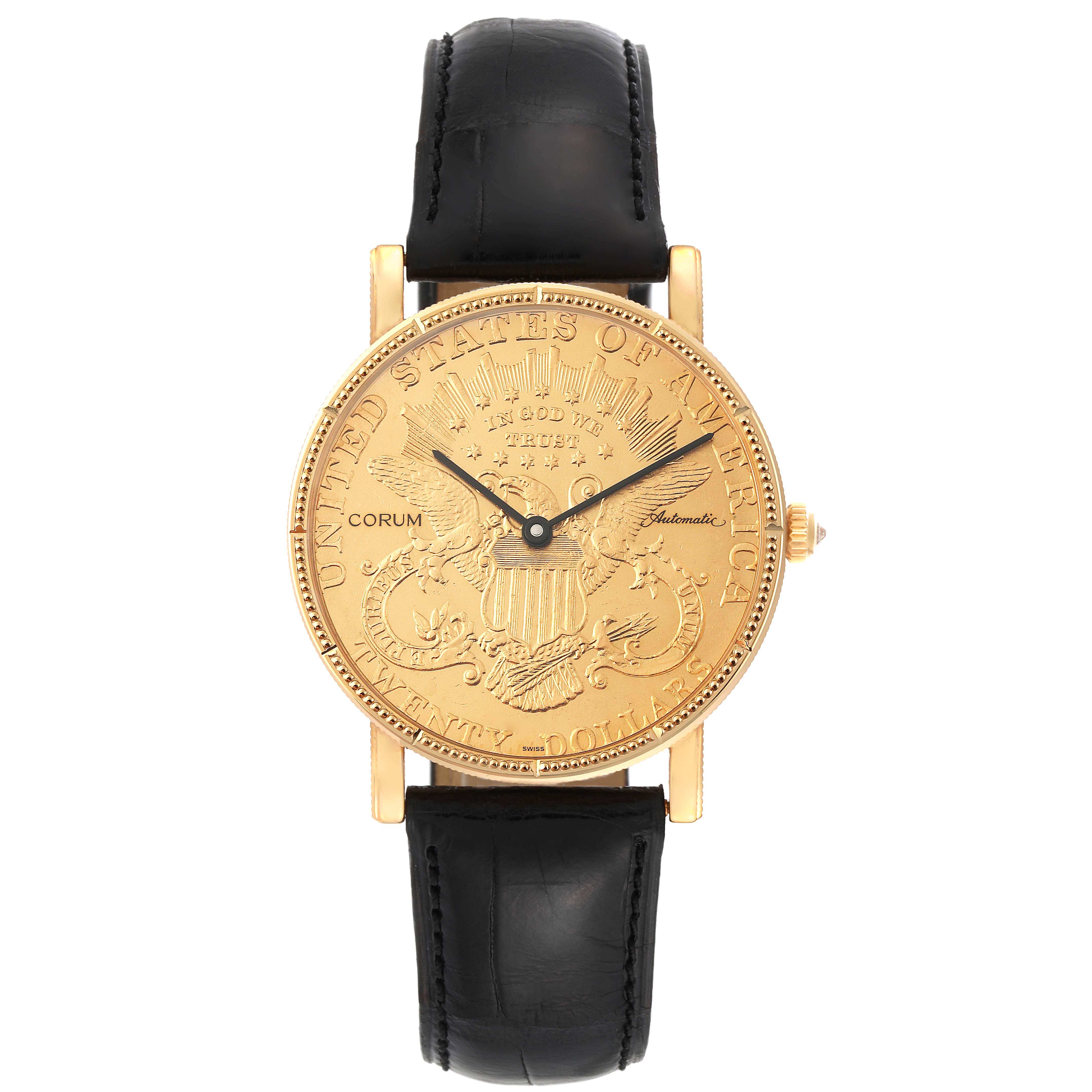 The image shows a Corum Coin Watch Men's Yellow Gold Champagne Dial Men's Yellow Gold Champagne Dial model, viewed from the front, featuring its round gold coin-like dial and black leather strap.