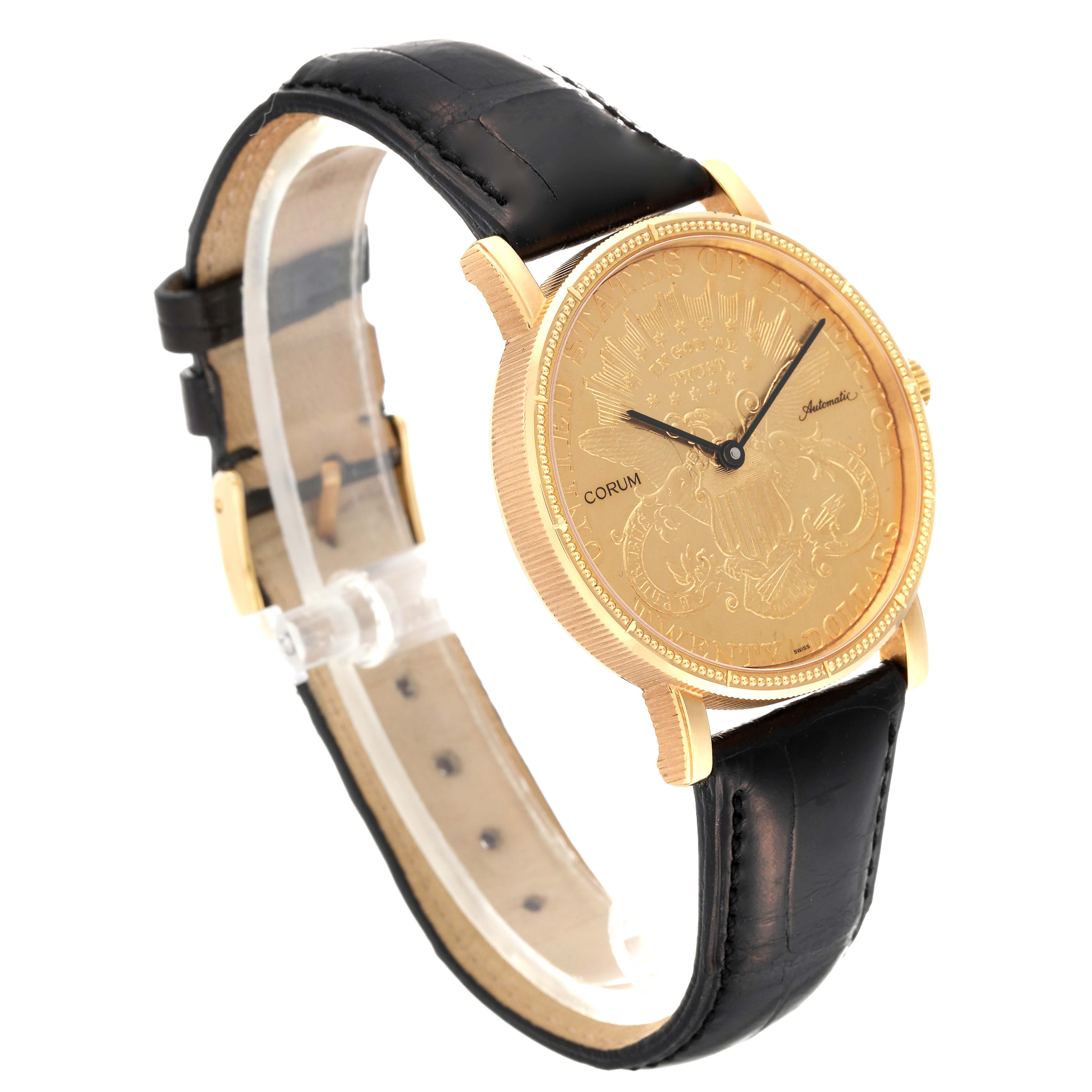 The image shows a Corum Coin Watch Men's Yellow Gold Champagne Dial Men's Yellow Gold Champagne Dial model from a three-quarter angle, highlighting the watch face, hands, case, and leather strap.
