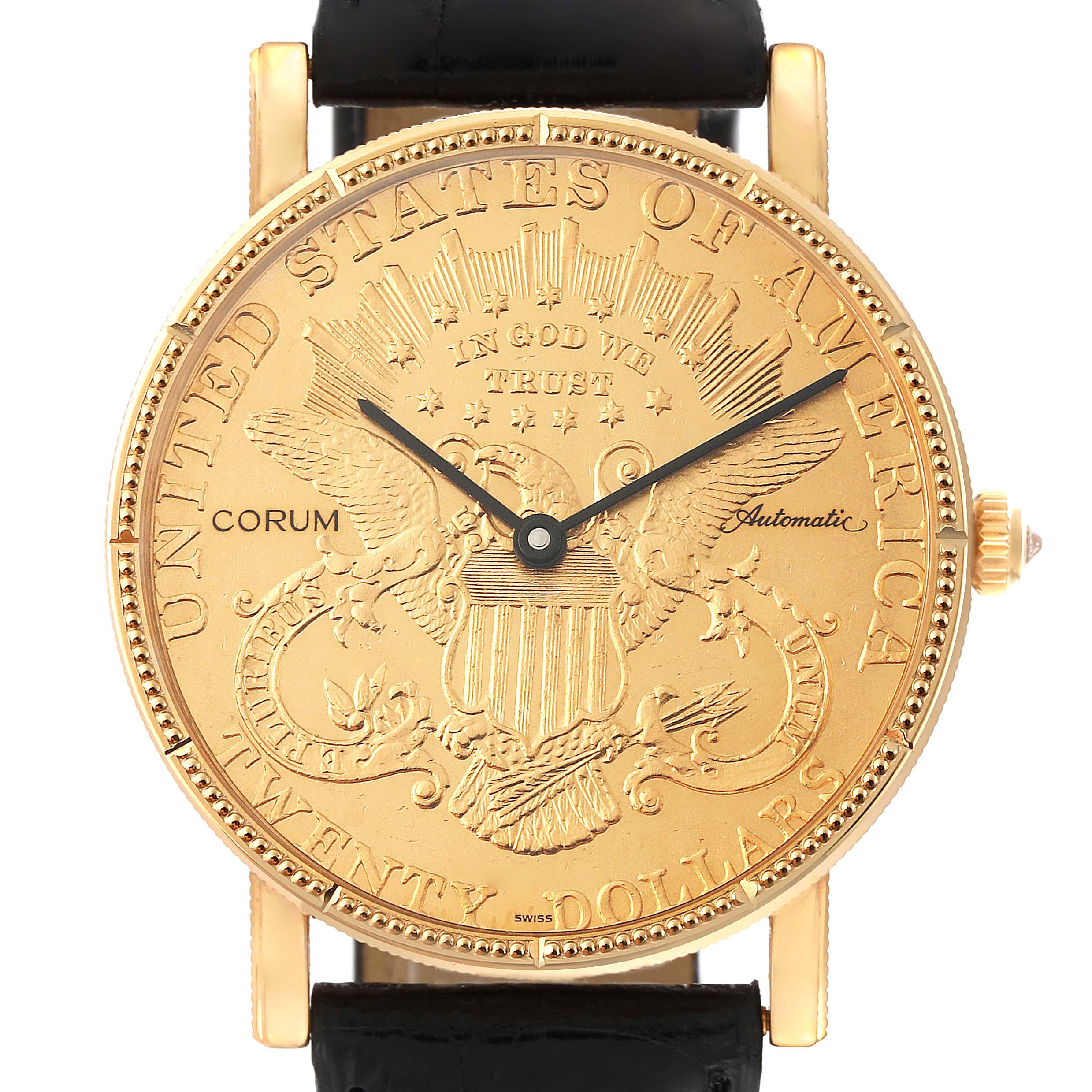 The image shows a full frontal view of a Corum Coin Watch Men's Yellow Gold Champagne Dial Men's Yellow Gold Champagne Dial model, revealing its distinctive coin face, black leather strap, and gold case.