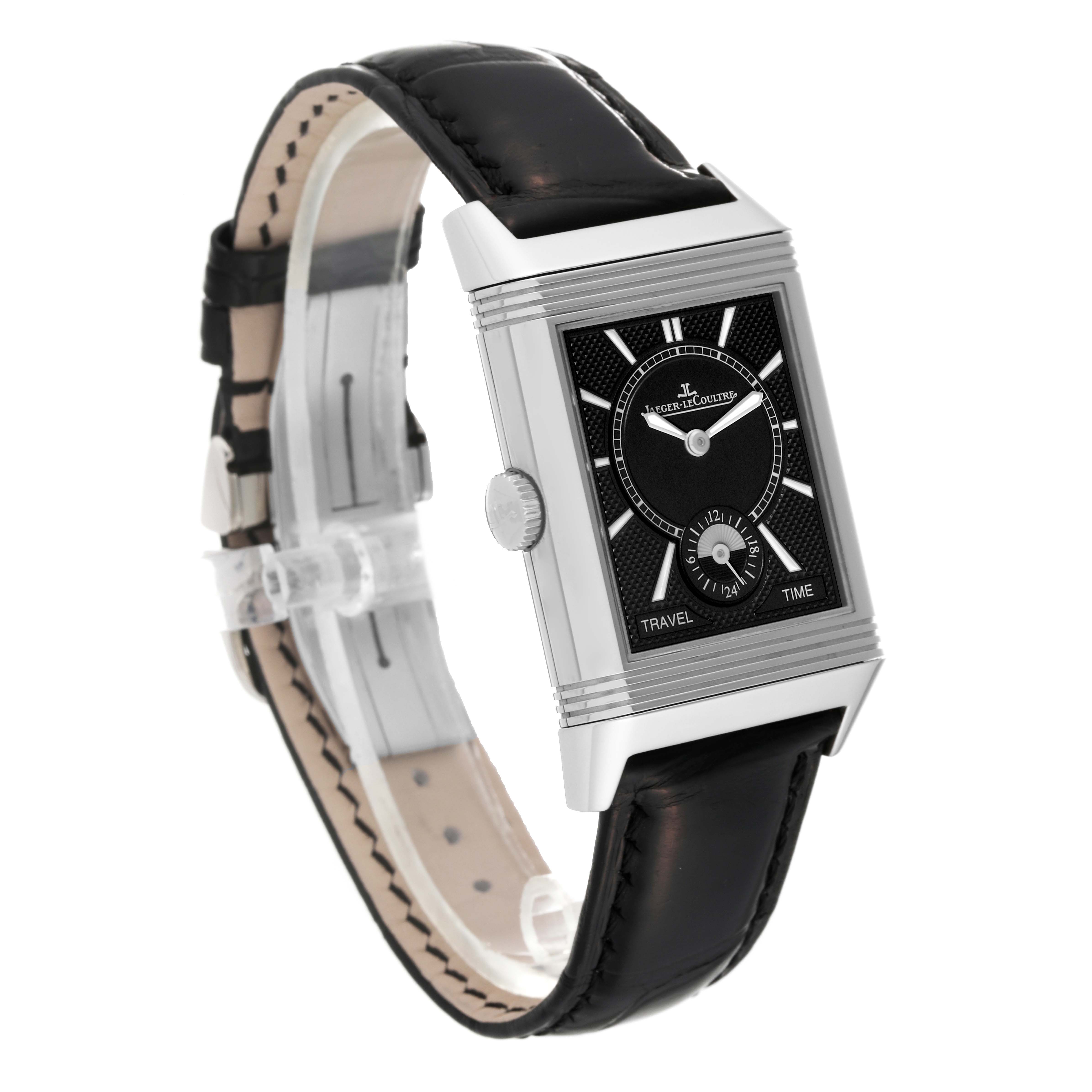 This image shows a Jaeger LeCoultre Reverso Q3848420 Men's Stainless Steel Silver Dial Q3848420 Men's Stainless Steel Silver Dial watch at a slight angle, highlighting its black leather strap and rectangular dial.