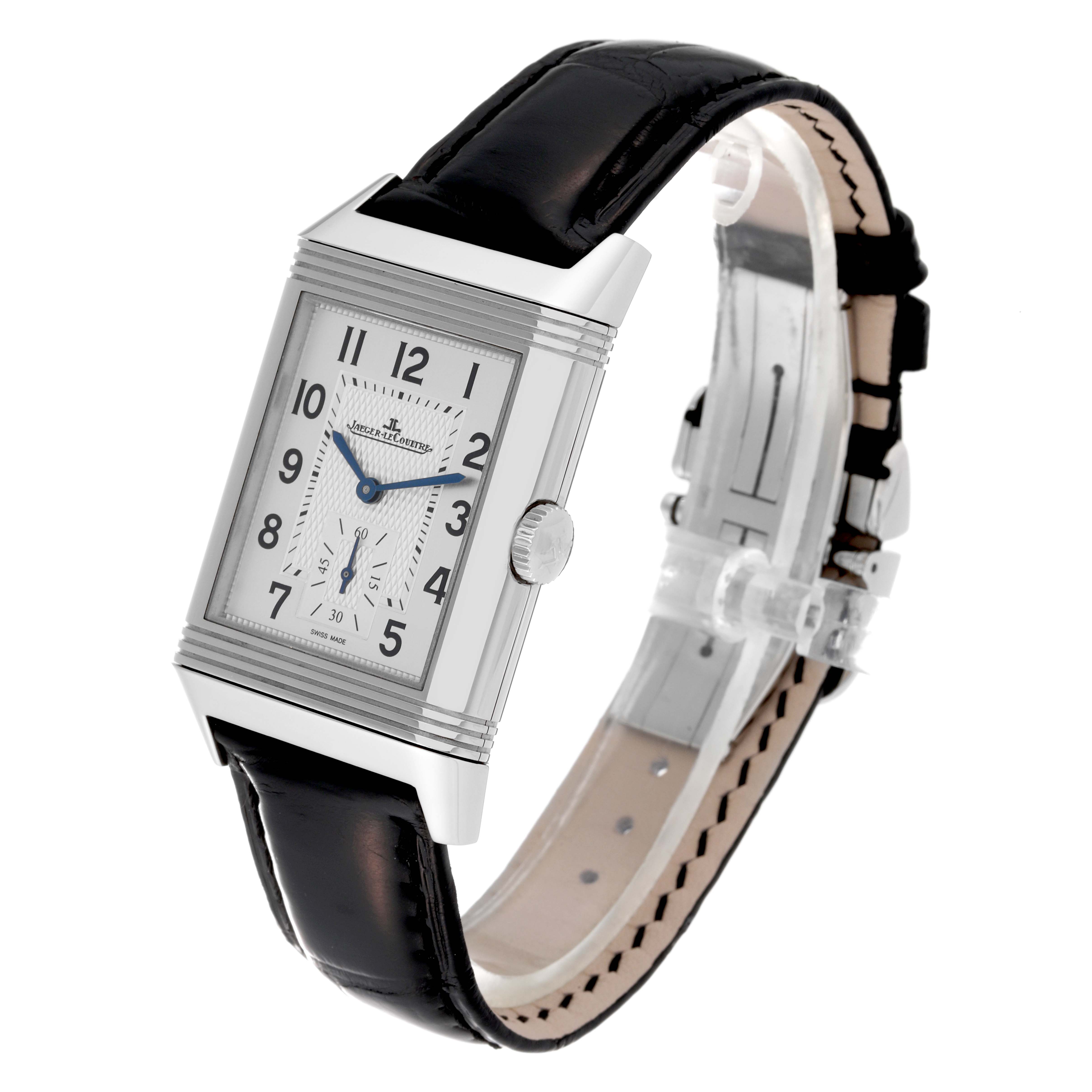 The image shows a Jaeger LeCoultre Reverso Q3848420 Men's Stainless Steel Silver Dial Q3848420 Men's Stainless Steel Silver Dial watch from a front angle, highlighting its rectangular face, crown, and leather strap.