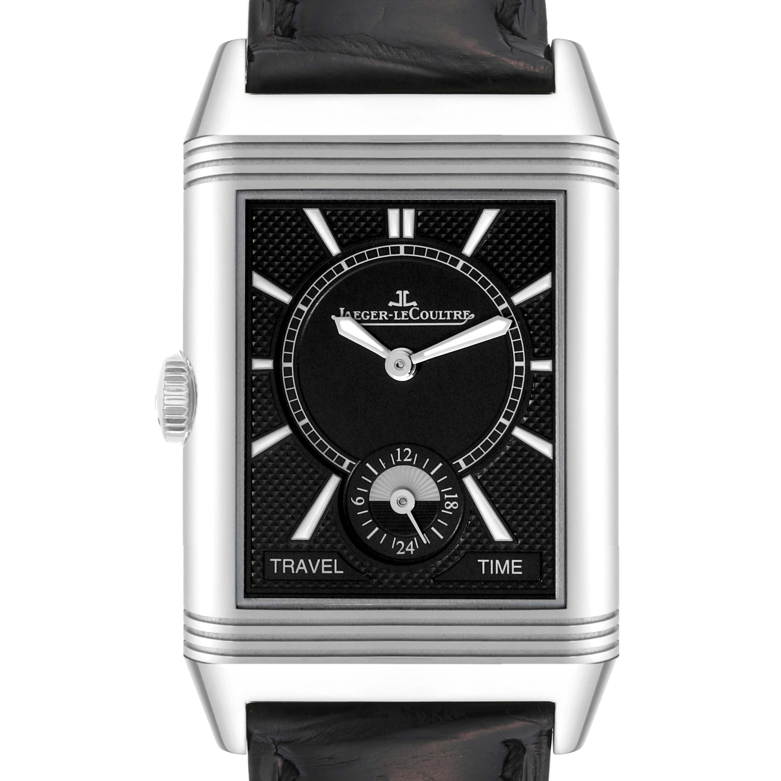 The image shows a close-up frontal view of the Jaeger-LeCoultre Reverso watch, highlighting its dial and casing.