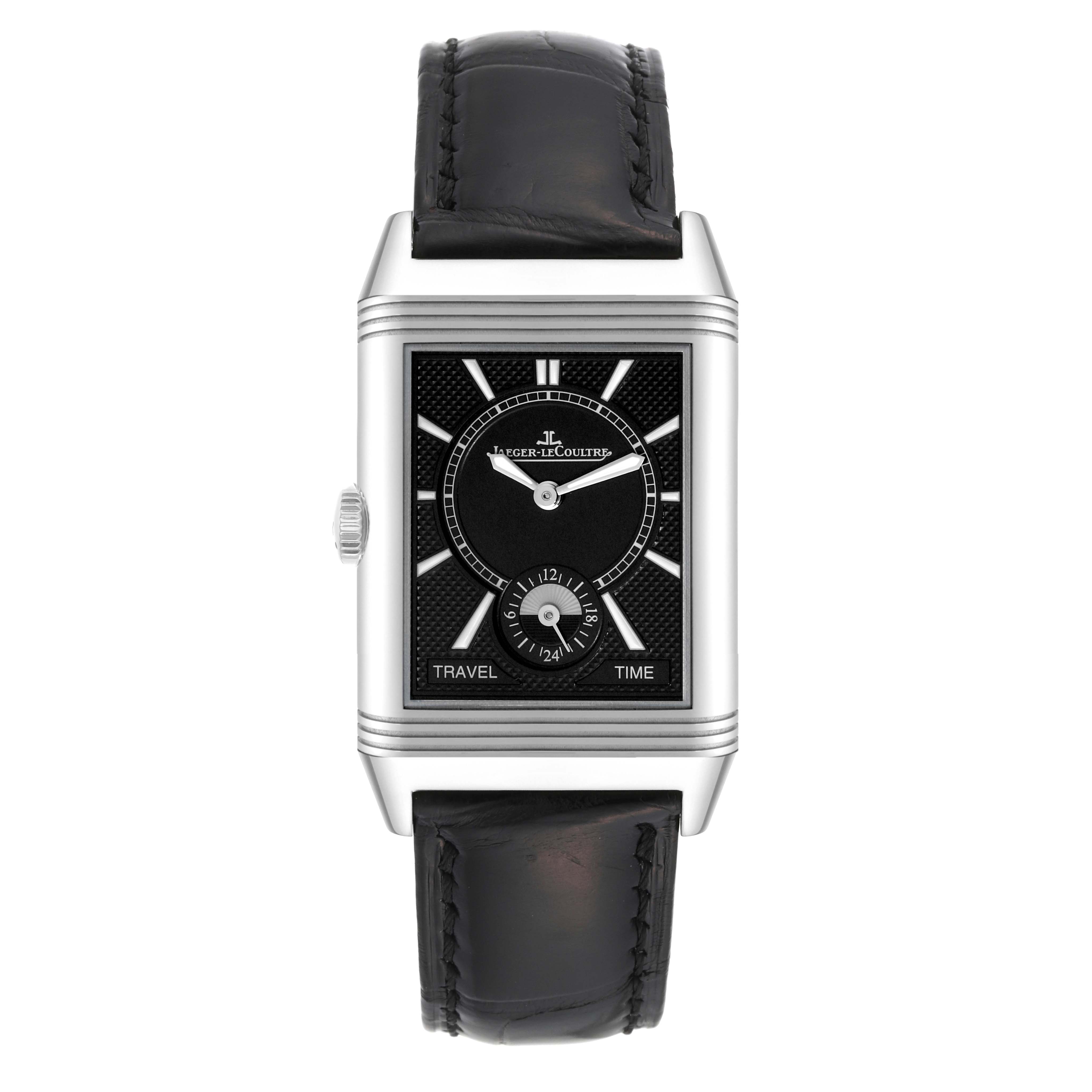 This image shows a front view of a Jaeger-LeCoultre Reverso watch with a black leather strap and a black dial displaying travel time.