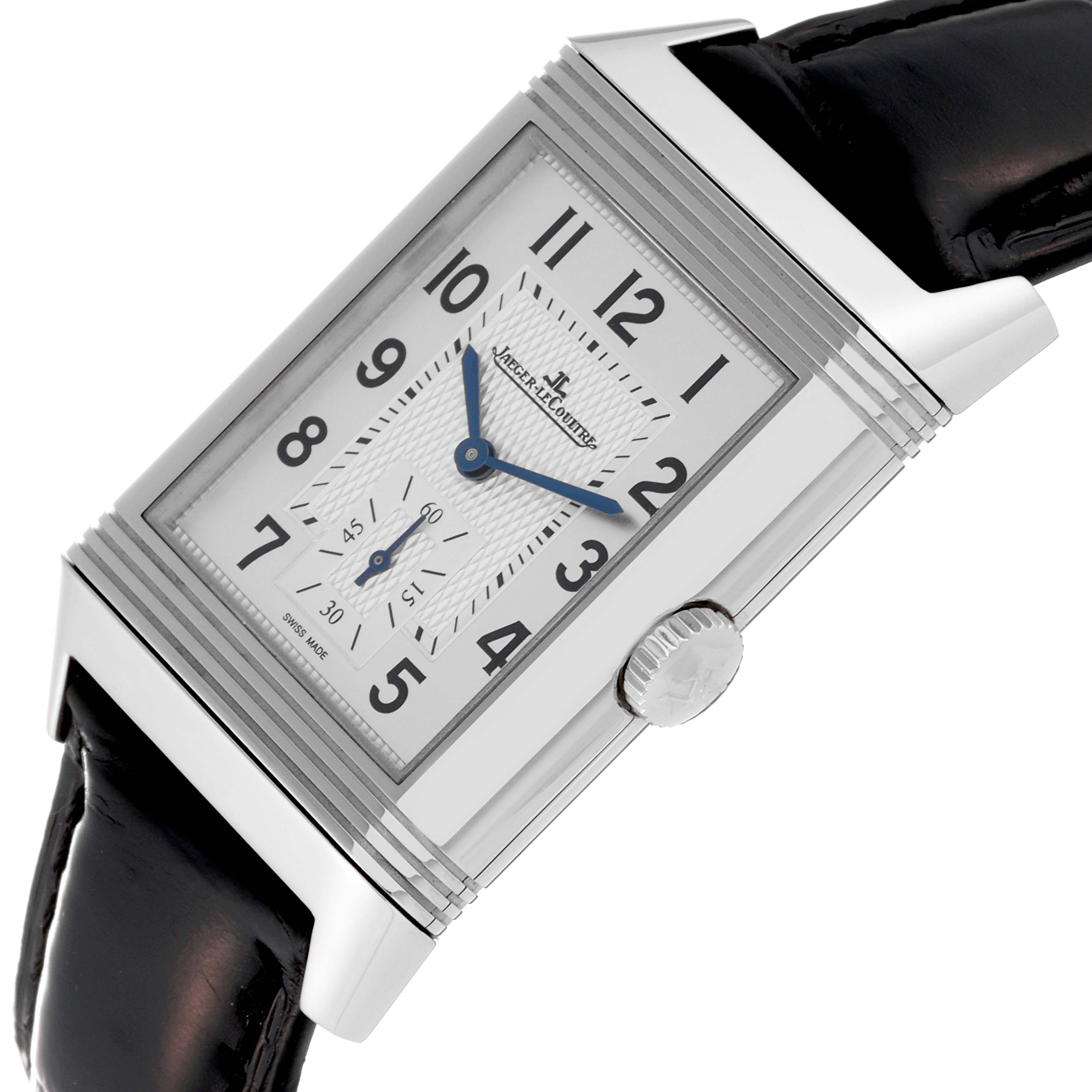 This Jaeger LeCoultre Reverso Q3848420 Men's Stainless Steel Silver Dial Q3848420 Men's Stainless Steel Silver Dial watch is shown at a slight angle, highlighting its rectangular face, crown, and black strap.