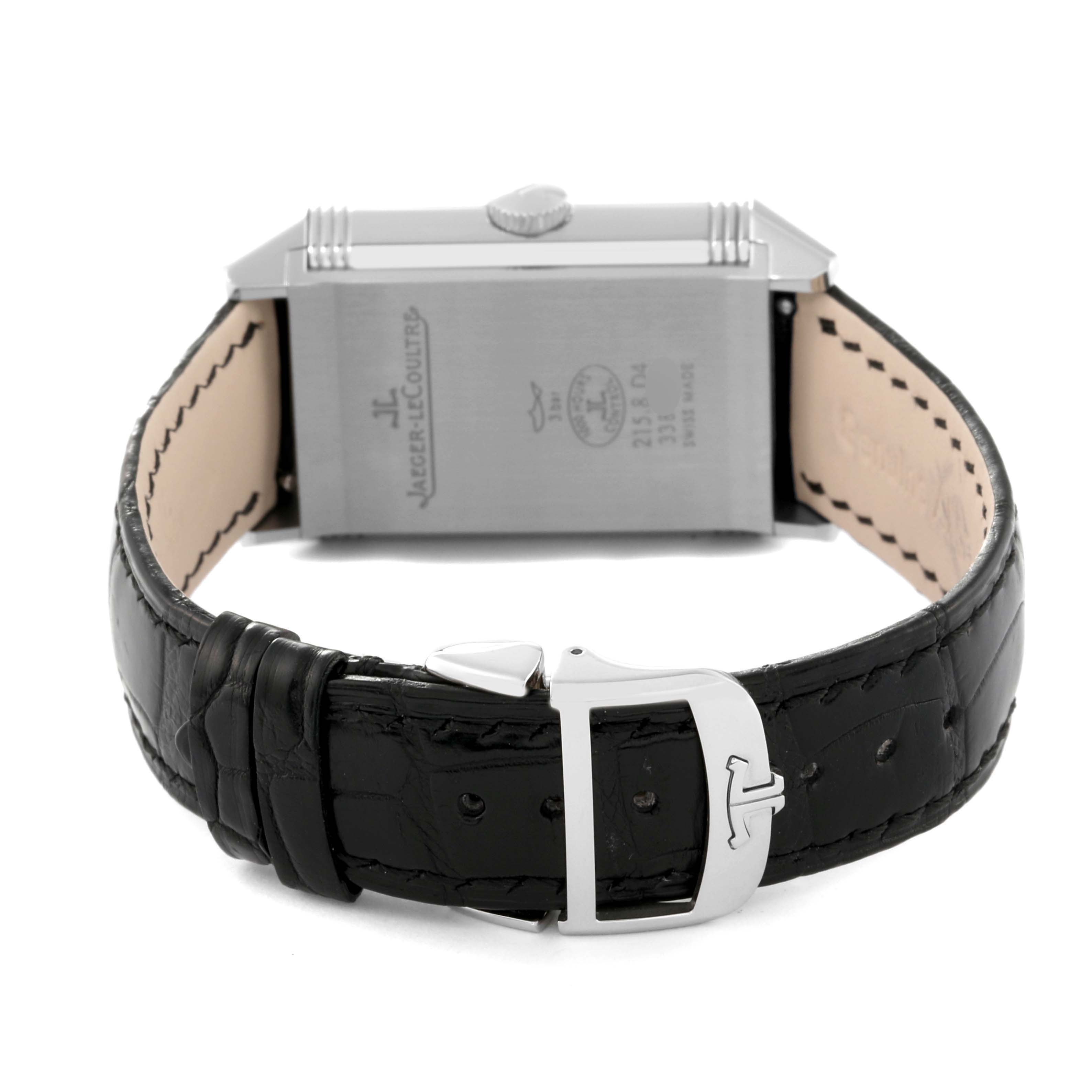 This image shows the back case and strap of a Jaeger LeCoultre Reverso Q3848420 Men's Stainless Steel Silver Dial Q3848420 Men's Stainless Steel Silver Dial watch, viewed from the rear.