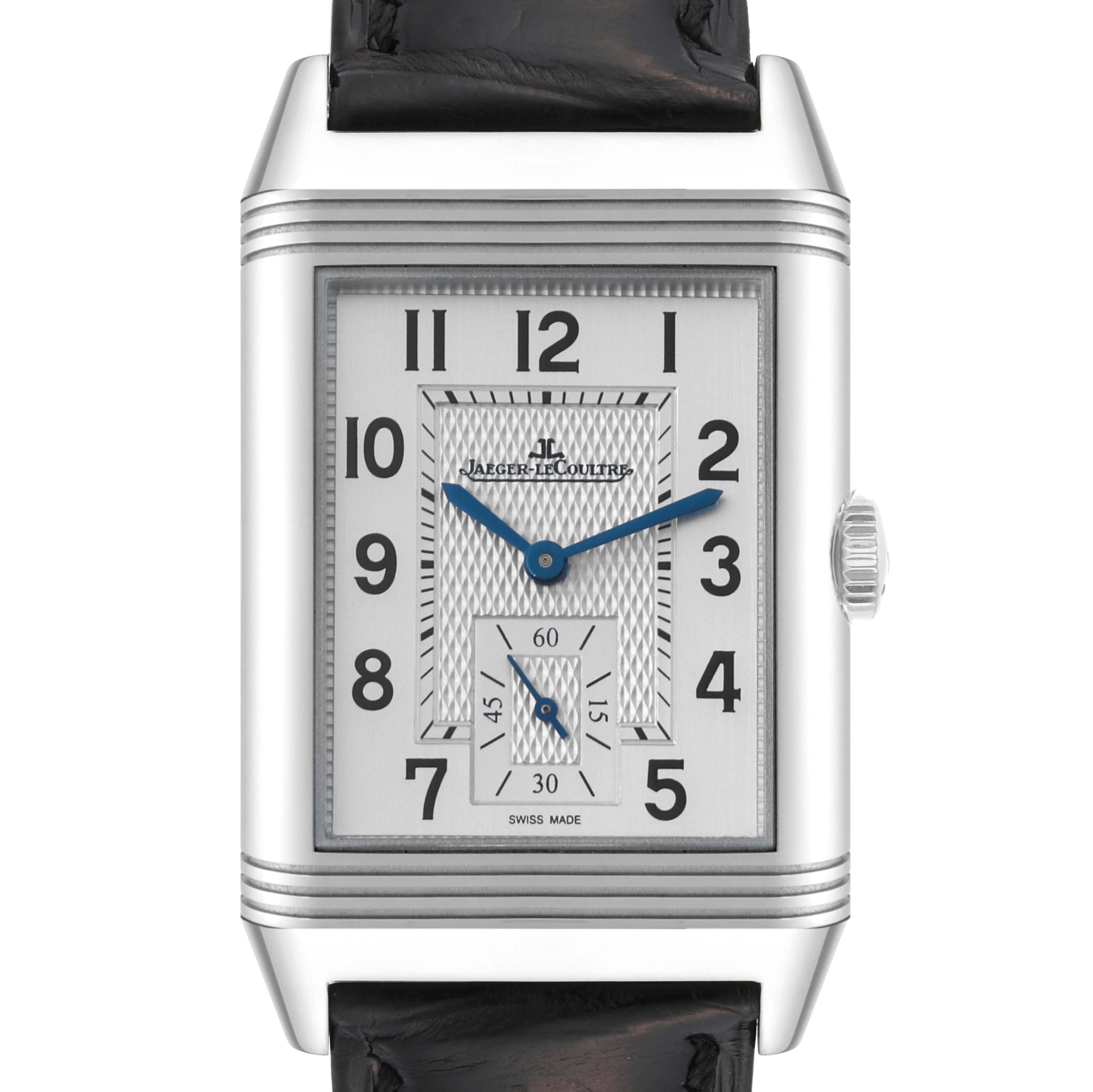 The image shows a front view of the Jaeger LeCoultre Reverso Q3848420 Men's Stainless Steel Silver Dial Q3848420 Men's Stainless Steel Silver Dial watch, highlighting its rectangular face, dial, and strap.