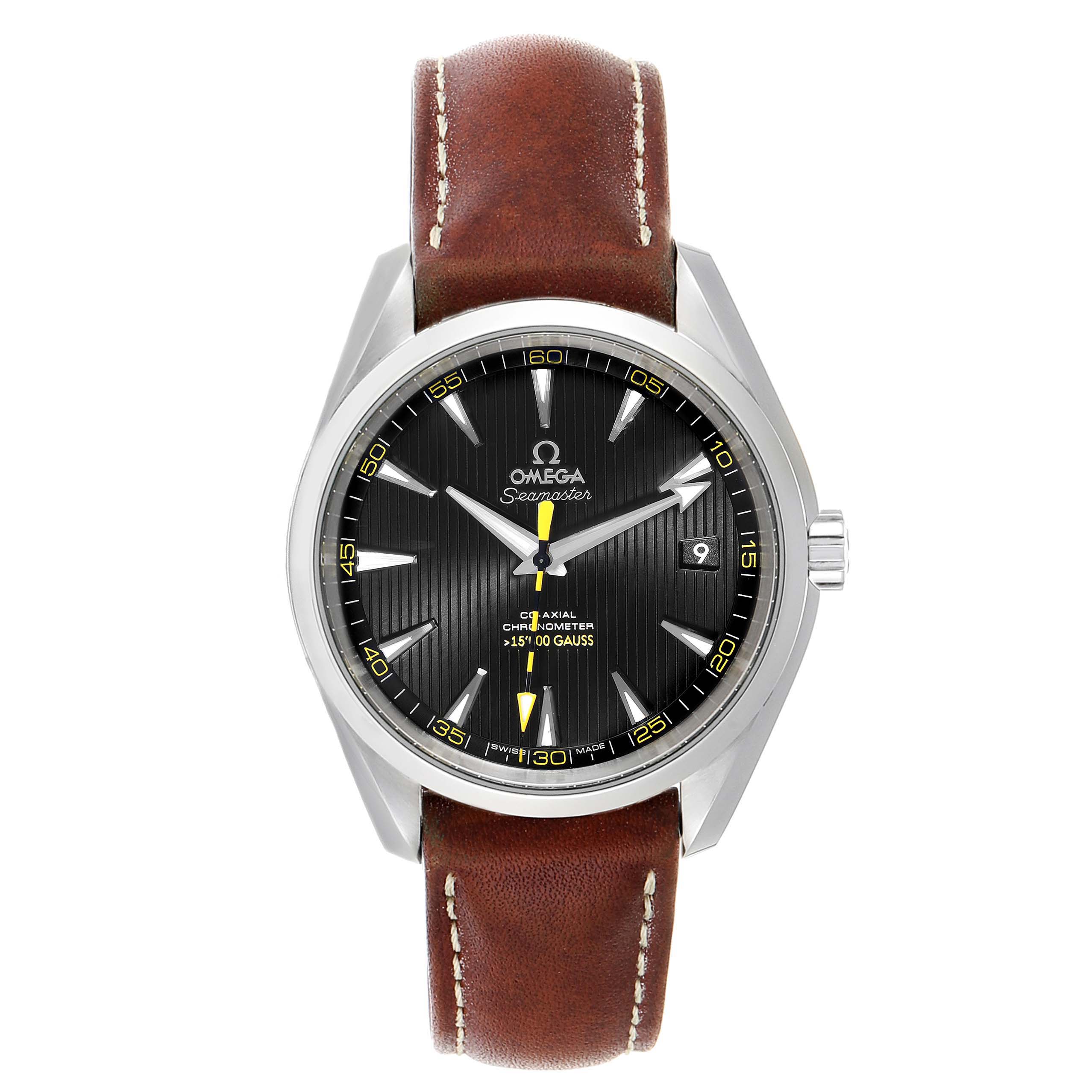 The image shows a frontal view of the Omega Aqua Terra 231.12.42.21.01.001 Men's Stainless Steel Black Dial 231.12.42.21.01.001 Men's Stainless Steel Black Dial Seamaster watch, highlighting its black dial and brown leather strap.