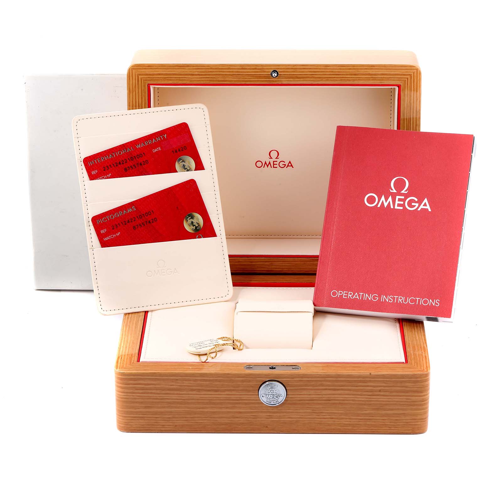 The image shows the Omega Aqua Terra 231.12.42.21.01.001 Men's Stainless Steel Black Dial 231.12.42.21.01.001 Men's Stainless Steel Black Dial watch packaging, including the box, warranty cards, and operating instructions.