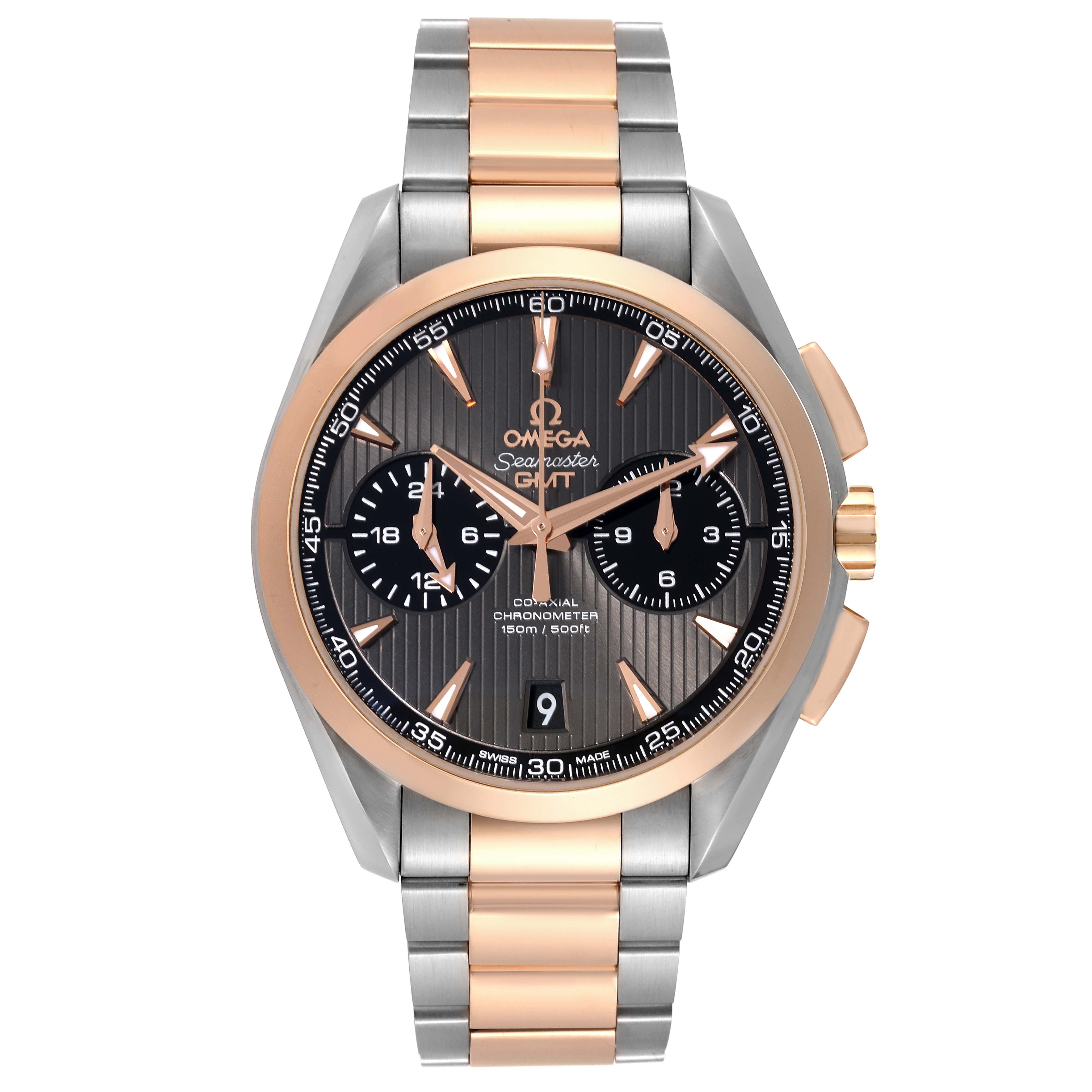 The image shows a front view of the Omega Aqua Terra 231.20.43.52.06.001 Men's Steel and Gold (two tone) Grey Dial 231.20.43.52.06.001 Men's Steel and Gold (two tone) Grey Dial watch model, highlighting its dial, bezel, and bracelet.