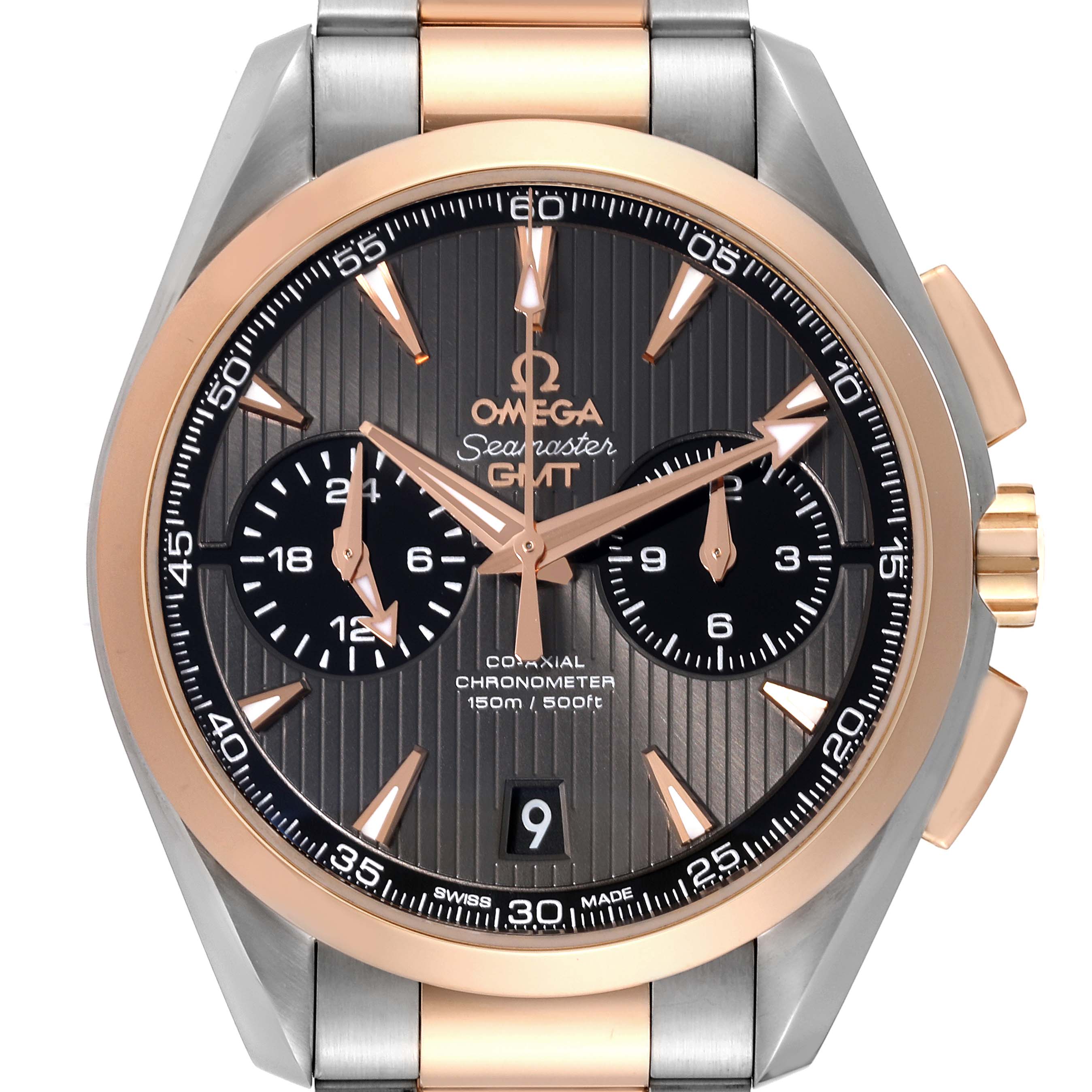 This image shows the front of an Omega Aqua Terra 231.20.43.52.06.001 Men's Steel and Gold (two tone) Grey Dial 231.20.43.52.06.001 Men's Steel and Gold (two tone) Grey Dial Seamaster GMT watch, highlighting its chronograph dials and rose gold accents.