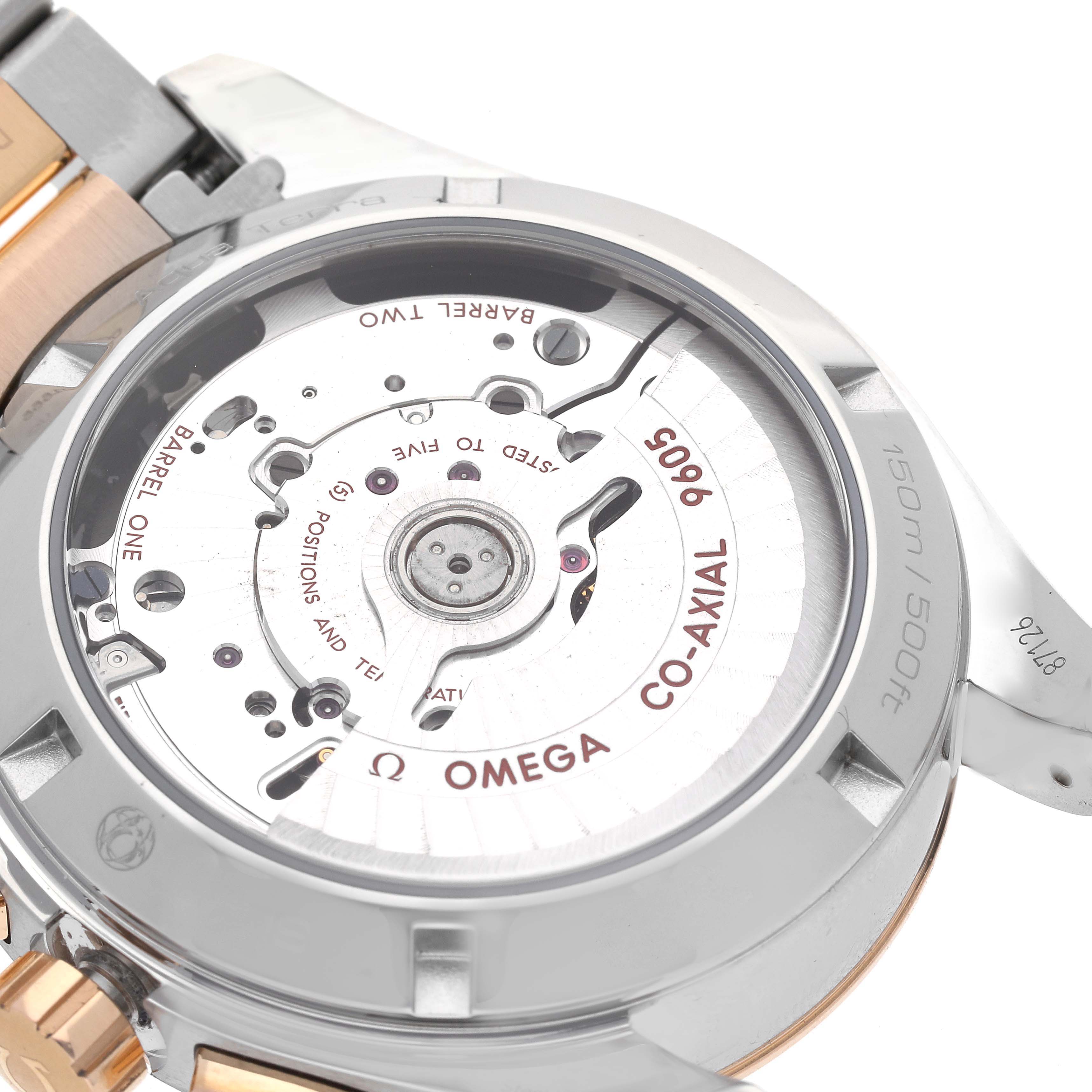 This image shows the back of the Omega Aqua Terra 231.20.43.52.06.001 Men's Steel and Gold (two tone) Grey Dial 231.20.43.52.06.001 Men's Steel and Gold (two tone) Grey Dial watch, highlighting its co-axial 8605 movement.