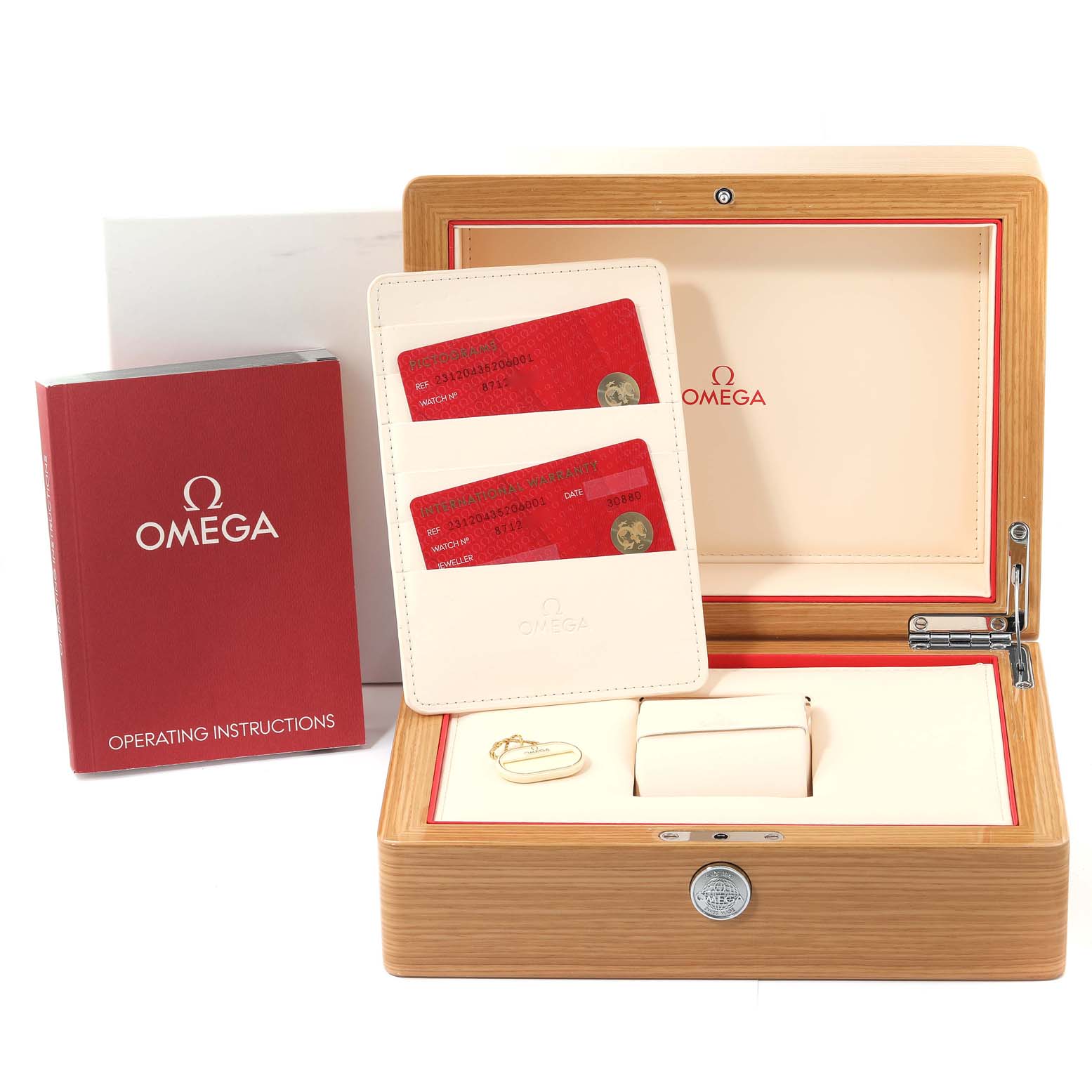 The image shows the Omega Aqua Terra 231.20.43.52.06.001 Men's Steel and Gold (two tone) Grey Dial 231.20.43.52.06.001 Men's Steel and Gold (two tone) Grey Dial watch box, operating instructions, warranty cards, and a key.