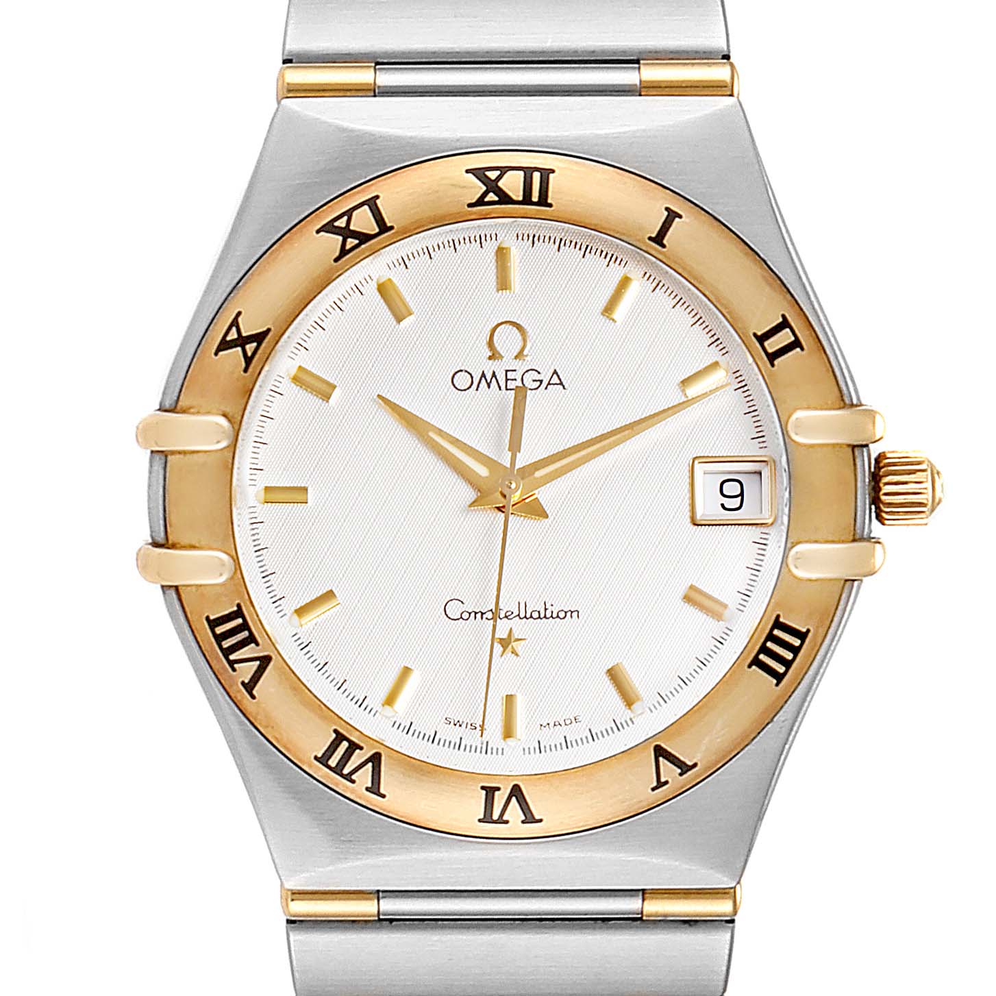 The image shows a close-up of an Omega Constellation 1312.30.00 Men's Steel and Gold (two tone) Silver Dial 1312.30.00 Men's Steel and Gold (two tone) Silver Dial watch, displaying the face, bezel, date window, and part of the bracelet.