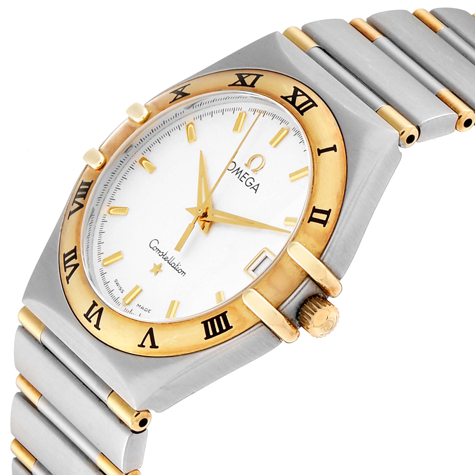 The image shows an Omega Constellation 1312.30.00 Men's Steel and Gold (two tone) Silver Dial 1312.30.00 Men's Steel and Gold (two tone) Silver Dial watch at an angled view, highlighting its gold bezel, crown, and bracelet.