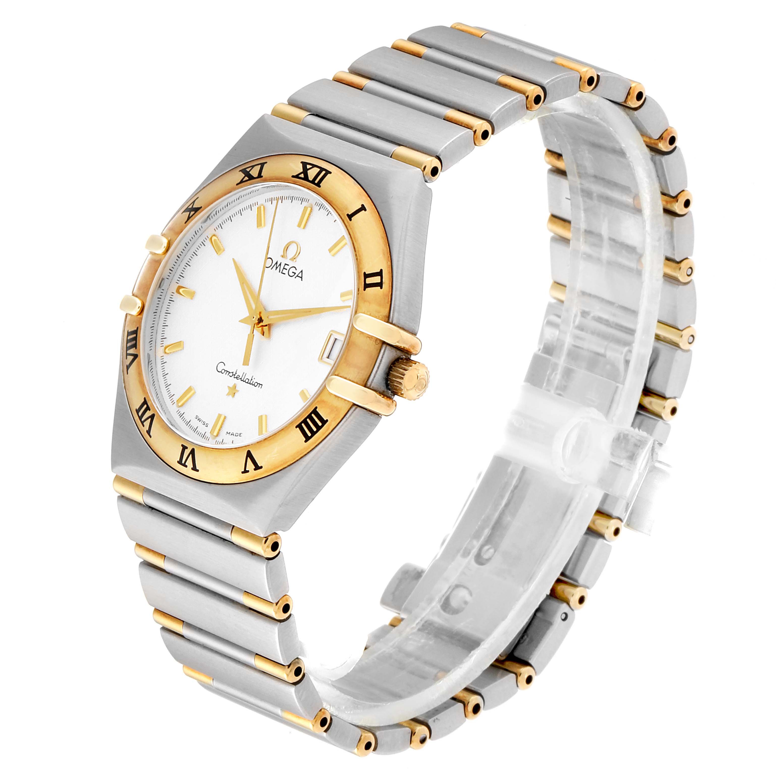 This image shows the front and side of an Omega Constellation 1312.30.00 Men's Steel and Gold (two tone) Silver Dial 1312.30.00 Men's Steel and Gold (two tone) Silver Dial watch, including the face, bezel, crown, and bracelet.
