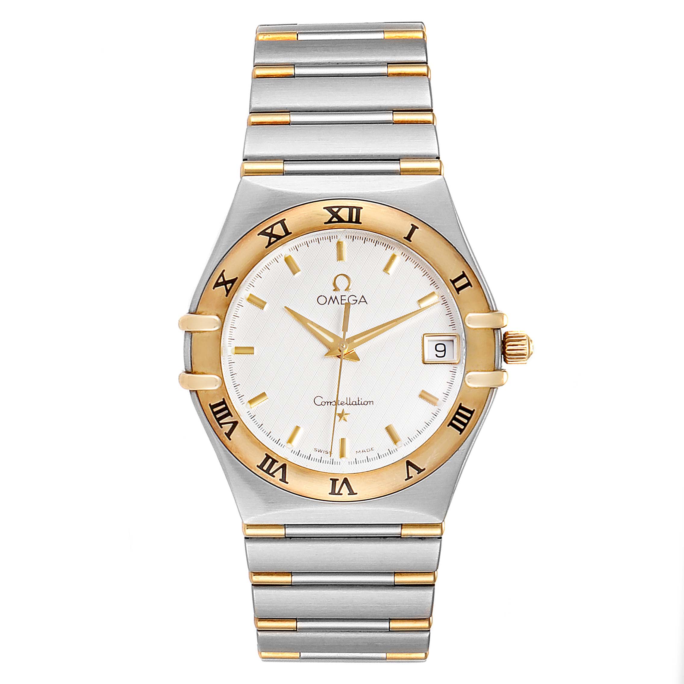 This is an Omega Constellation 1312.30.00 Men's Steel and Gold (two tone) Silver Dial 1312.30.00 Men's Steel and Gold (two tone) Silver Dial watch, shown from the front angle, highlighting the face, bezel, and bracelet.