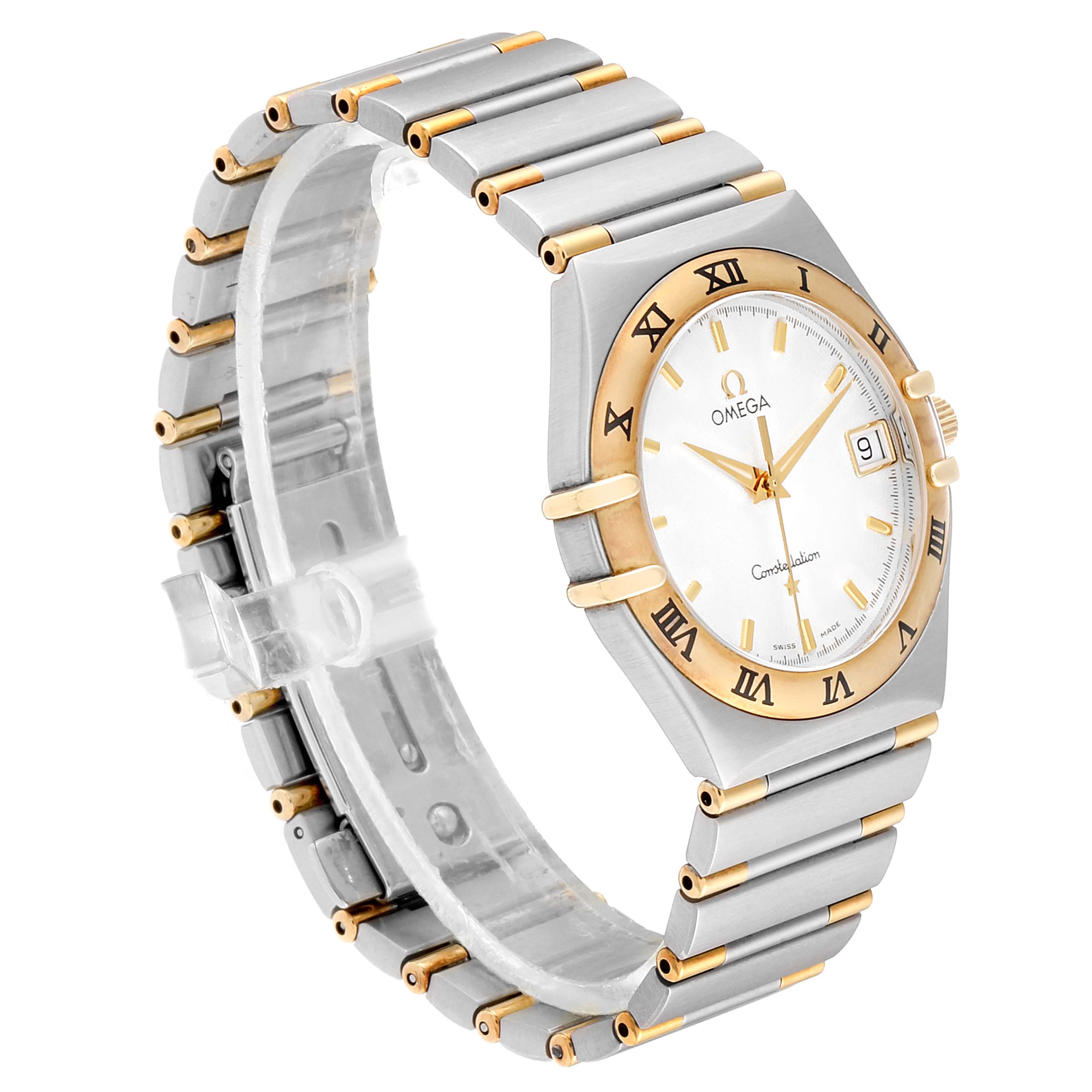 The image shows an Omega Constellation 1312.30.00 Men's Steel and Gold (two tone) Silver Dial 1312.30.00 Men's Steel and Gold (two tone) Silver Dial watch at a three-quarters angle, displaying the face, bezel, and bracelet.
