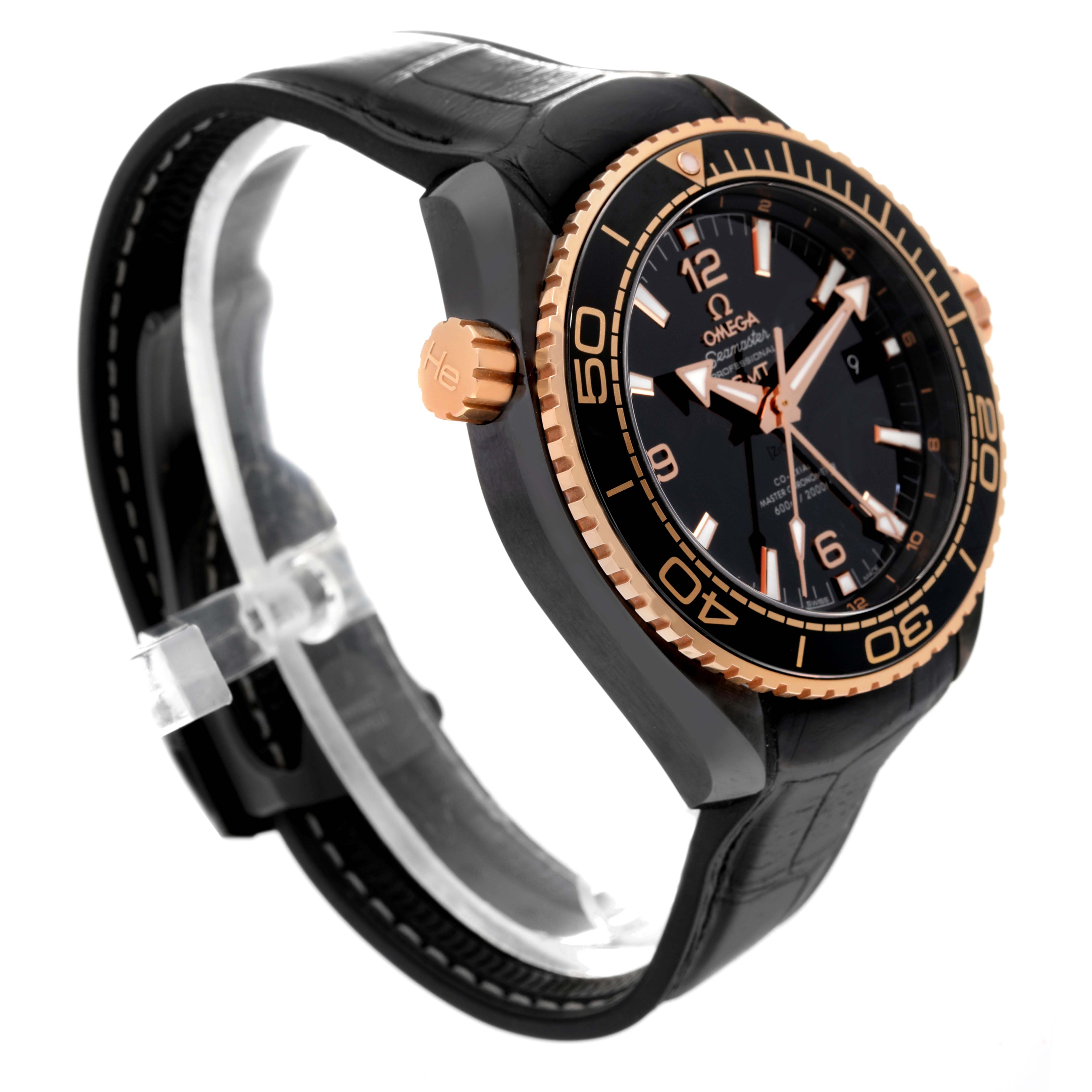 The image shows a side angle of the Omega Planet Ocean 215.63.46.22.01.001 Men's Ceramic Black Dial 215.63.46.22.01.001 Men's Ceramic Black Dial watch, highlighting the bezel, crown, and black leather strap.
