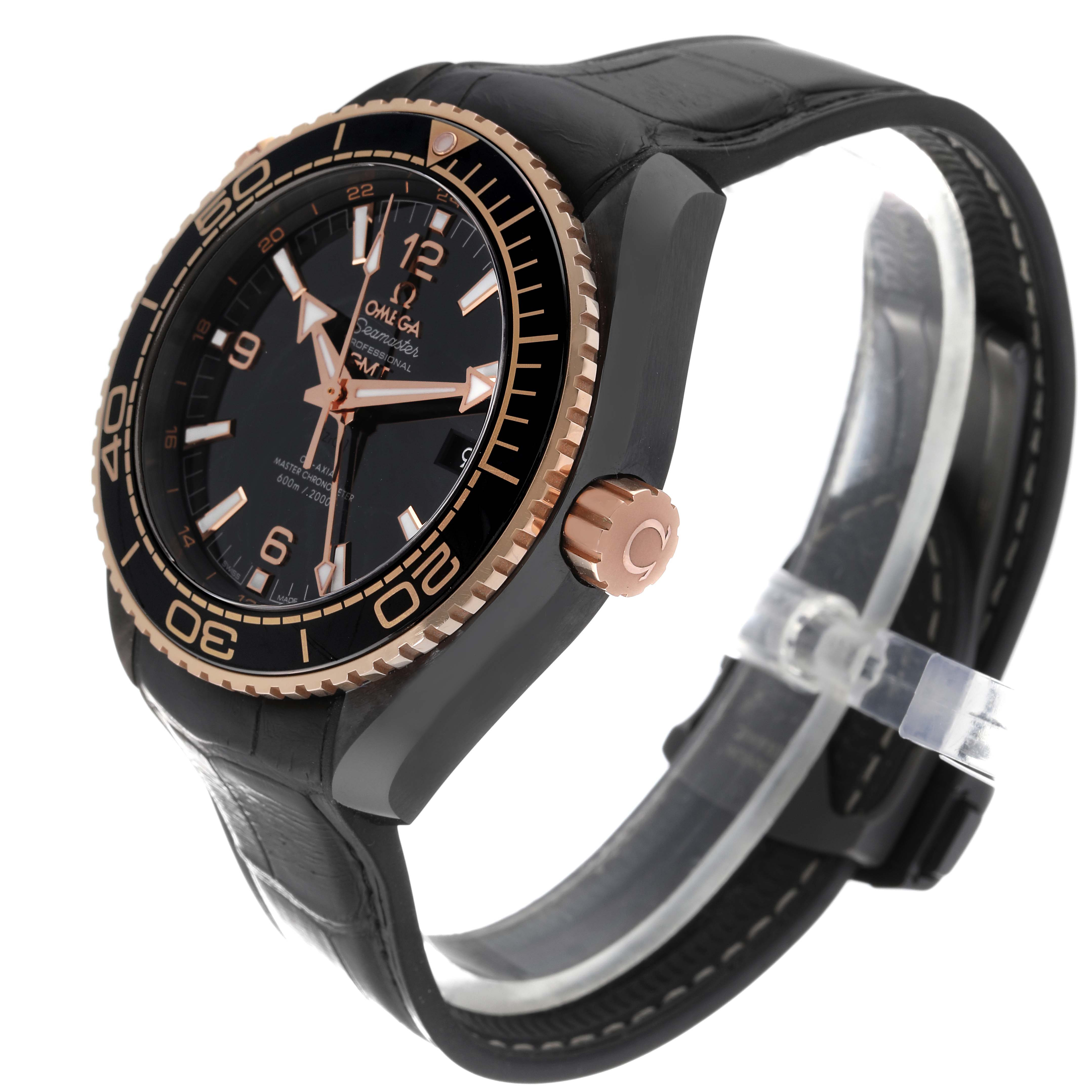 This image depicts an Omega Planet Ocean 215.63.46.22.01.001 Men's Ceramic Black Dial 215.63.46.22.01.001 Men's Ceramic Black Dial watch at a slight side angle, showing the watch face, bezel, crown, and strap.