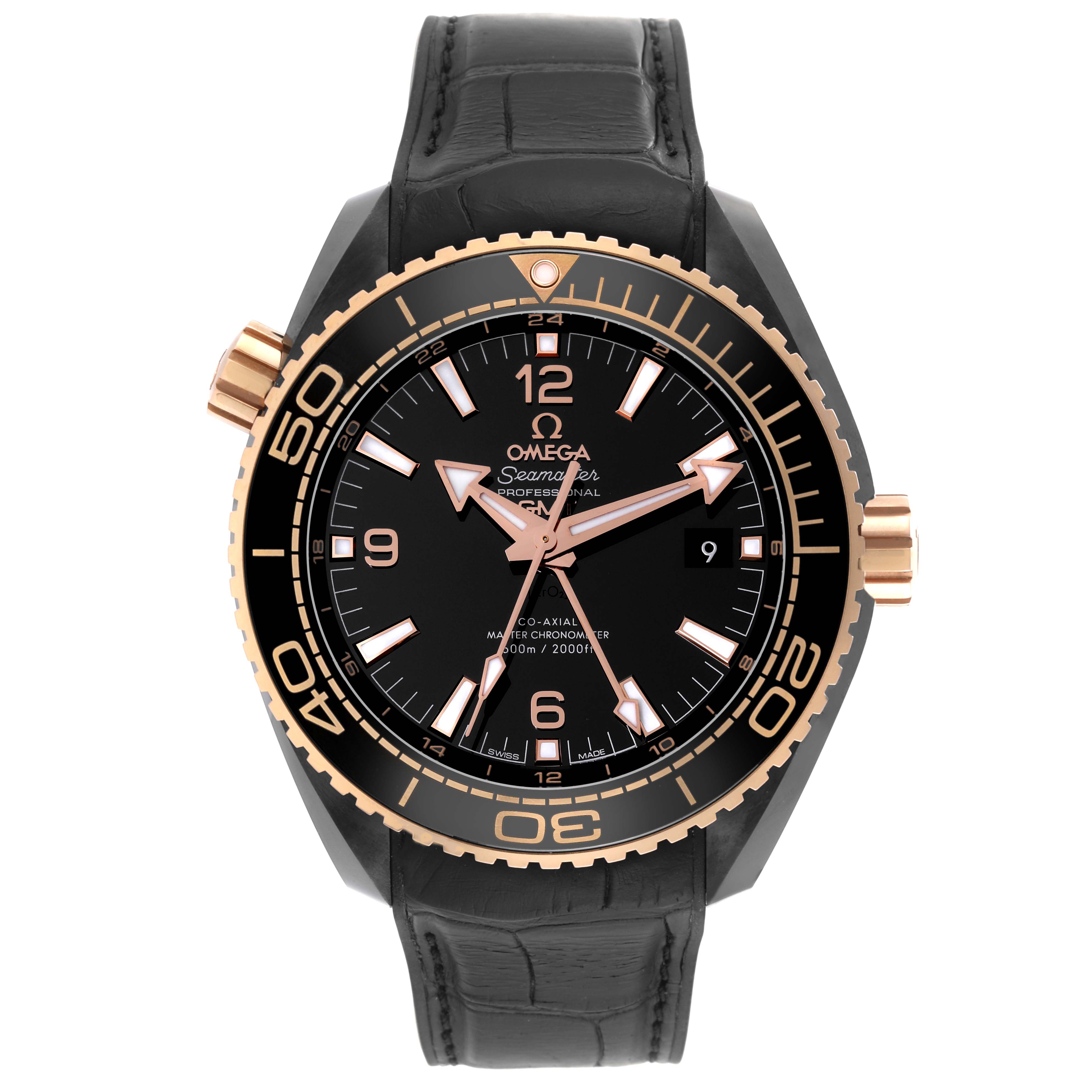 This Omega Planet Ocean 215.63.46.22.01.001 Men's Ceramic Black Dial 215.63.46.22.01.001 Men's Ceramic Black Dial watch is shown from a top angle, highlighting the black dial, bezel, leather strap, and rose gold accents.
