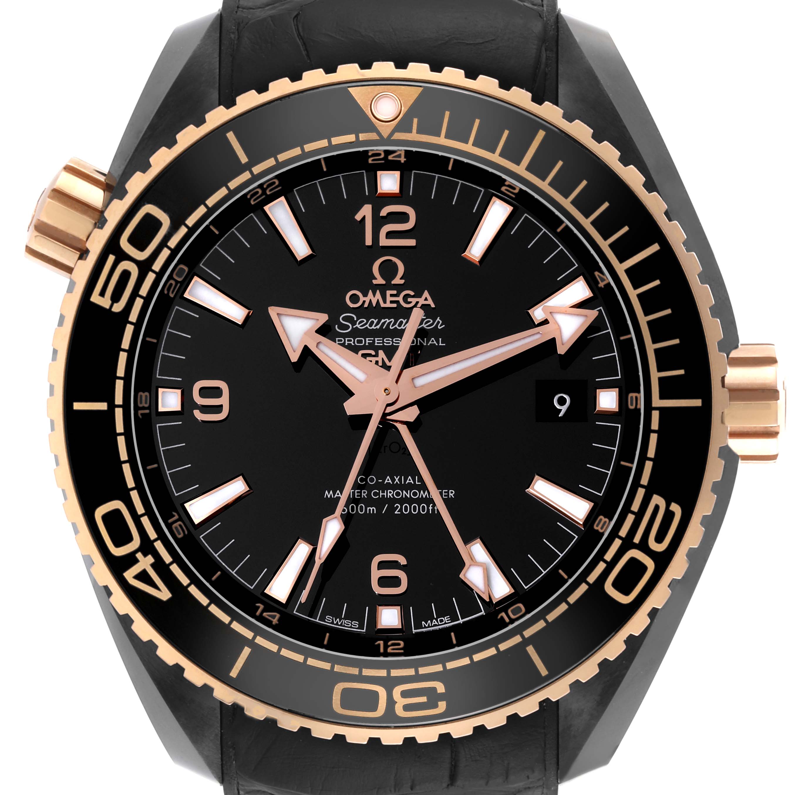 The image shows a front view of the Omega Planet Ocean 215.63.46.22.01.001 Men's Ceramic Black Dial 215.63.46.22.01.001 Men's Ceramic Black Dial watch, highlighting its dial, bezel, markers, and date window.