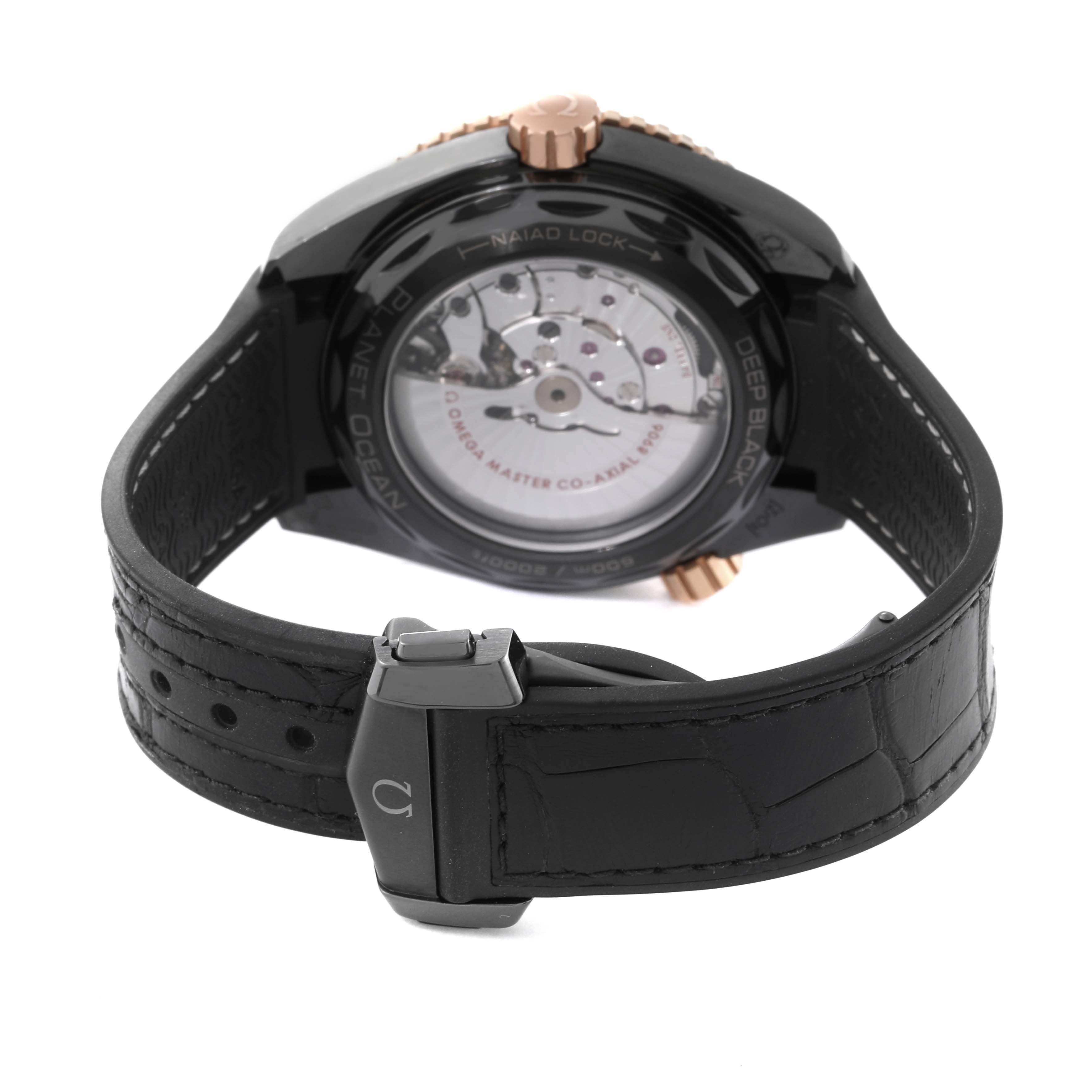 The image shows the back view of an Omega Planet Ocean 215.63.46.22.01.001 Men's Ceramic Black Dial 215.63.46.22.01.001 Men's Ceramic Black Dial watch, featuring its strap and transparent case back.