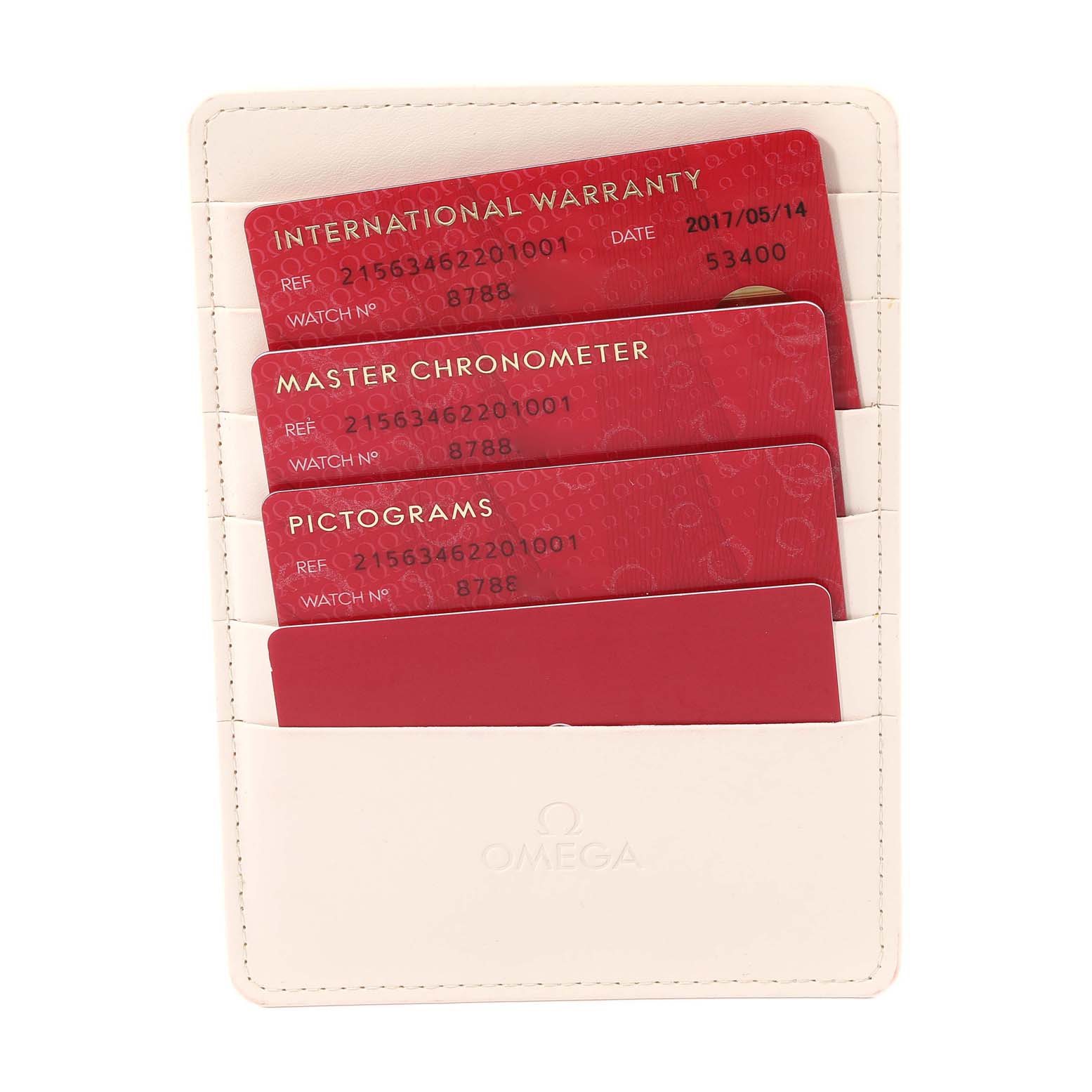 This image shows warranty cards for the Omega Planet Ocean 215.63.46.22.01.001 Men's Ceramic Black Dial 215.63.46.22.01.001 Men's Ceramic Black Dial model, displayed in a white Omega cardholder.