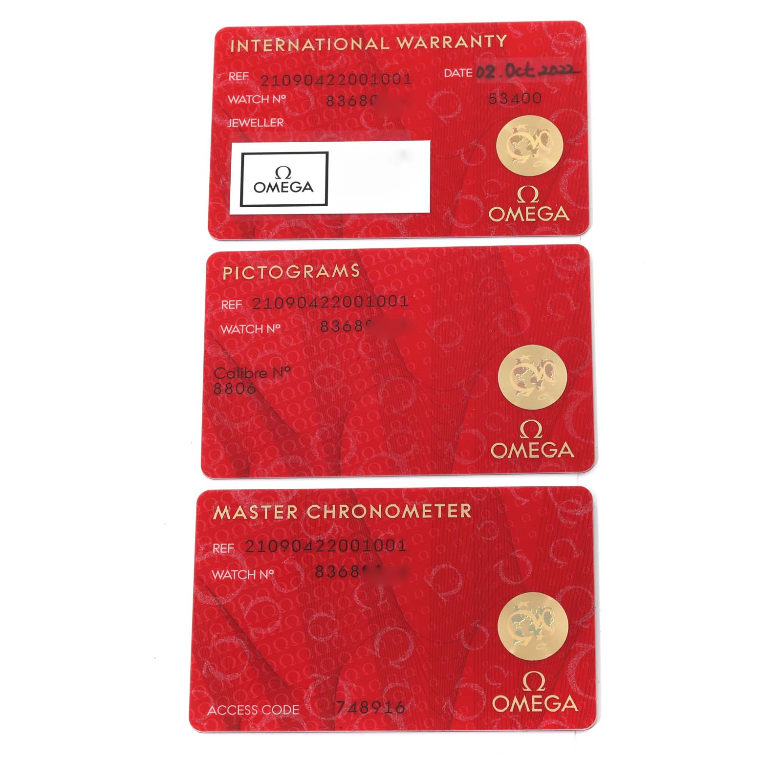 The image shows warranty and certification cards for the Omega Seamaster 210.90.42.20.01.001 Men's Titanium Black Dial 210.90.42.20.01.001 Men's Titanium Black Dial watch model, including International Warranty, Pictograms, and Master Chronometer cards.