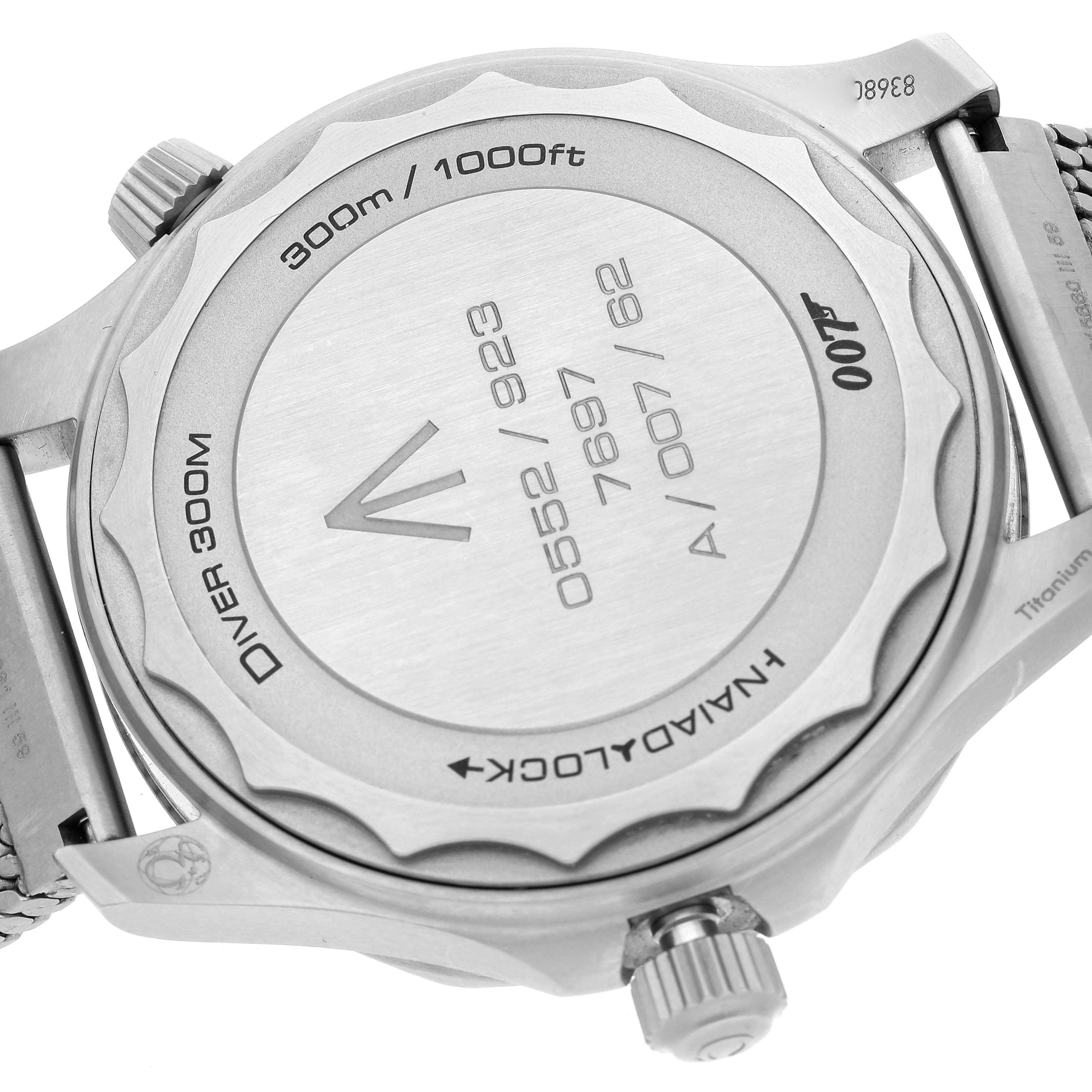 This Omega Seamaster 210.90.42.20.01.001 Men's Titanium Black Dial 210.90.42.20.01.001 Men's Titanium Black Dial model is shown from the back, highlighting its case back and inscriptions.