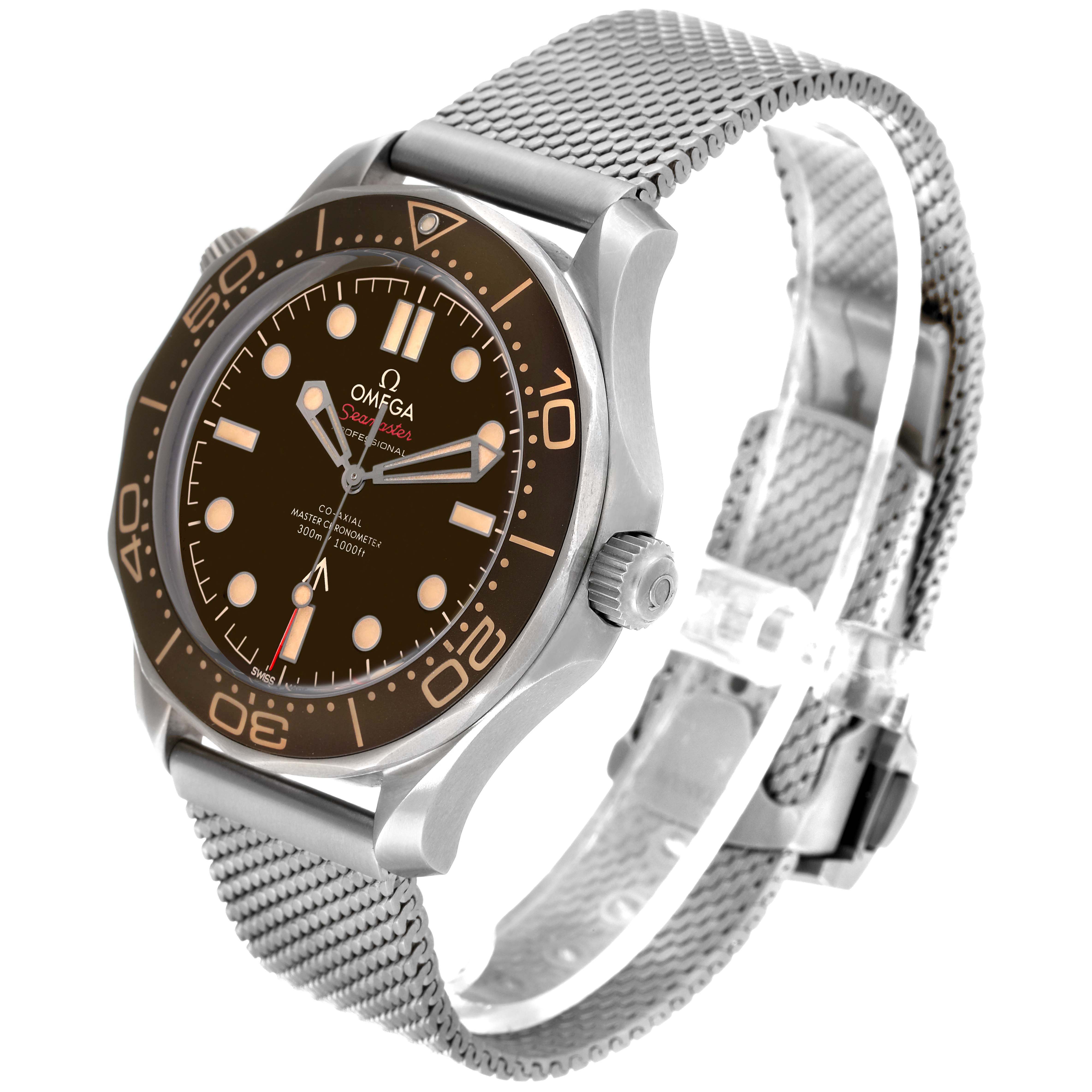 The Omega Seamaster 210.90.42.20.01.001 Men's Titanium Black Dial 210.90.42.20.01.001 Men's Titanium Black Dial watch is shown at a three-quarter angle highlighting its face, bezel, crown, and metal mesh strap.