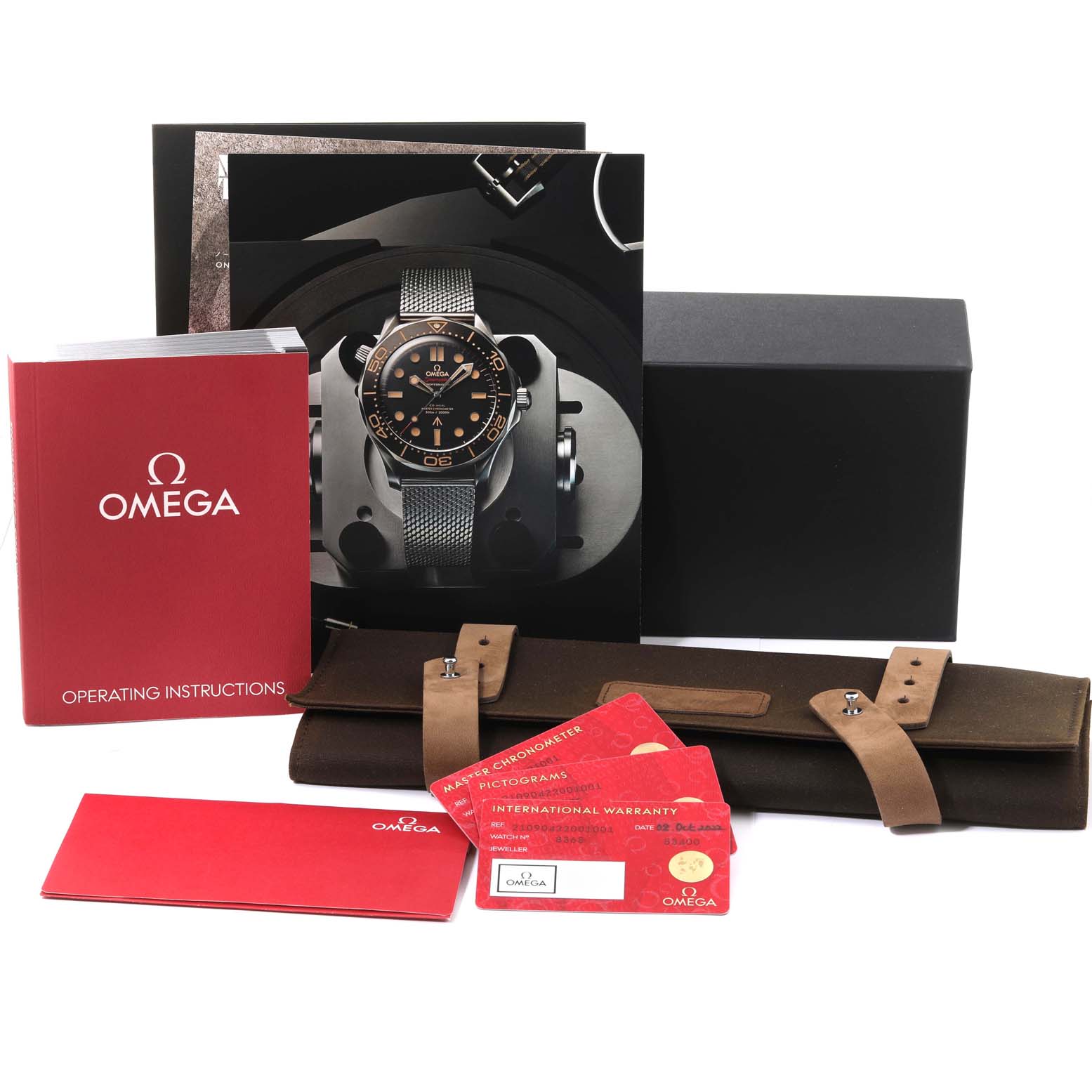 The image shows Omega Seamaster 210.90.42.20.01.001 Men's Titanium Black Dial 210.90.42.20.01.001 Men's Titanium Black Dial watch packaging, including the instruction manual, warranty cards, and a leather case.