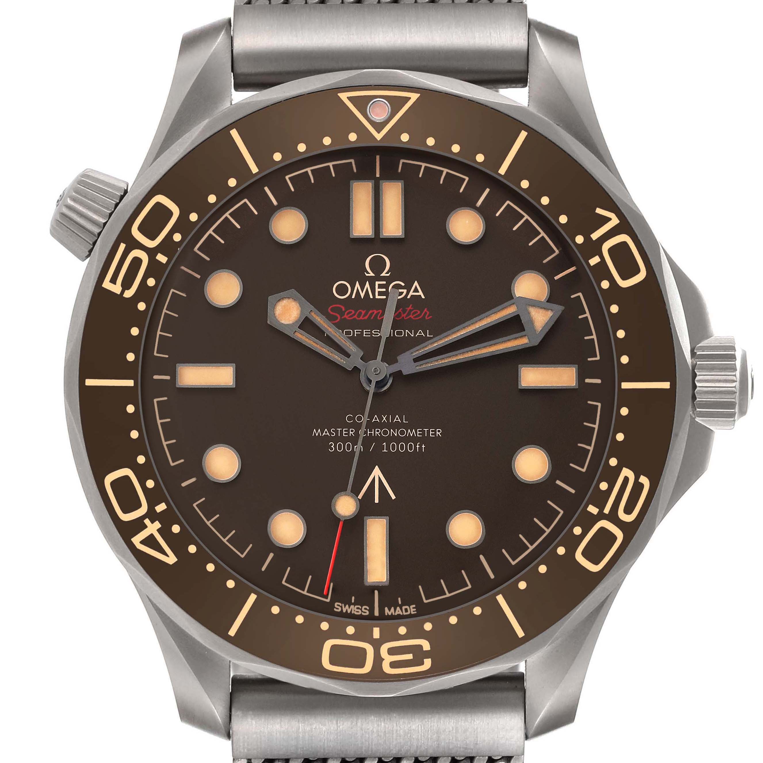 The image shows a front view of the Omega Seamaster 210.90.42.20.01.001 Men's Titanium Black Dial 210.90.42.20.01.001 Men's Titanium Black Dial watch, highlighting the dial, bezel, and crown.