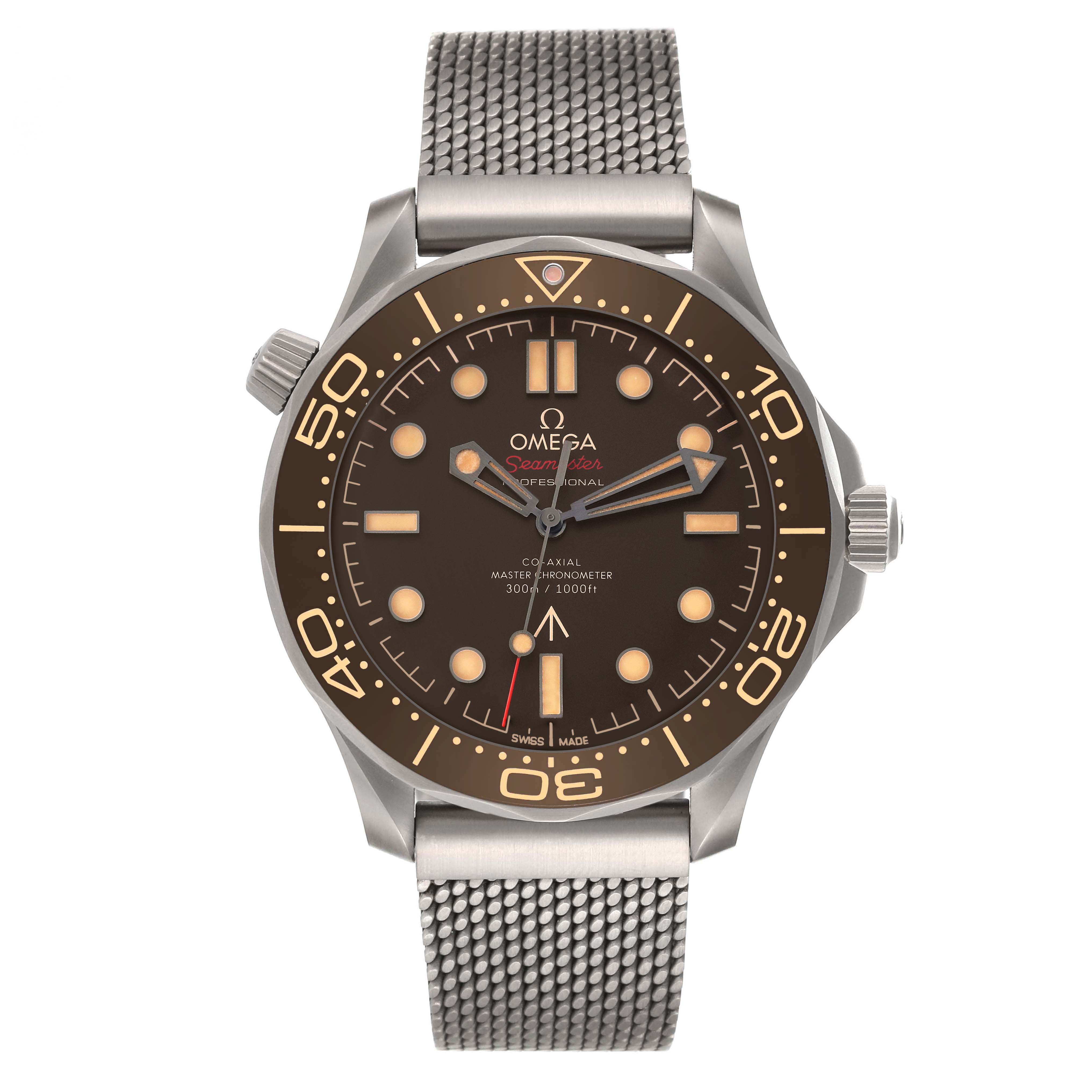 This image shows a front view of the Omega Seamaster 210.90.42.20.01.001 Men's Titanium Black Dial 210.90.42.20.01.001 Men's Titanium Black Dial watch, highlighting the dial, bezel, and metal mesh strap.
