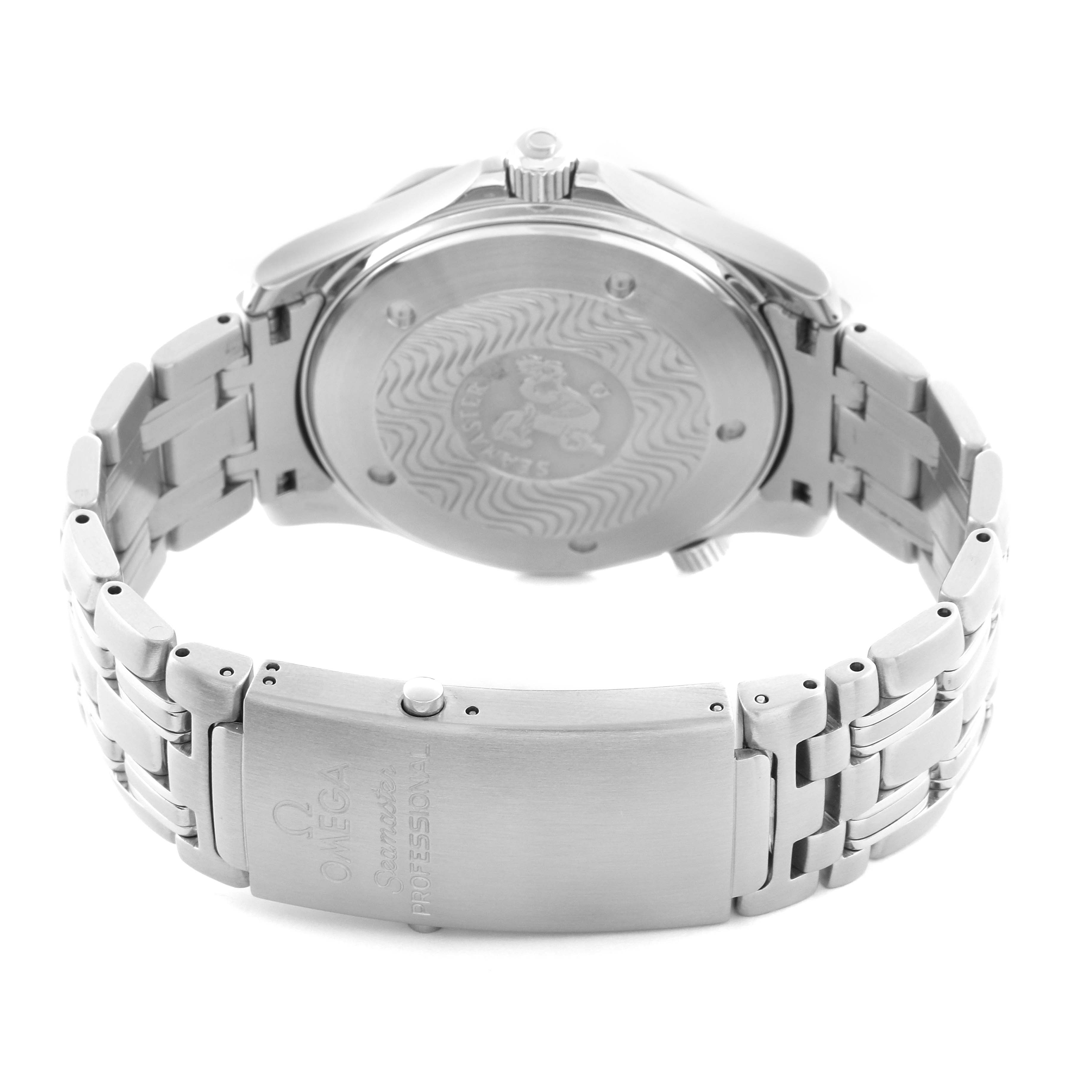 The Omega Seamaster 2541.80.00 Men
s Stainless Steel Blue Dial 2541.80.00 Men
s Stainless Steel Blue Dial watch is shown from the back, highlighting the case back and metal bracelet with a visible clasp.