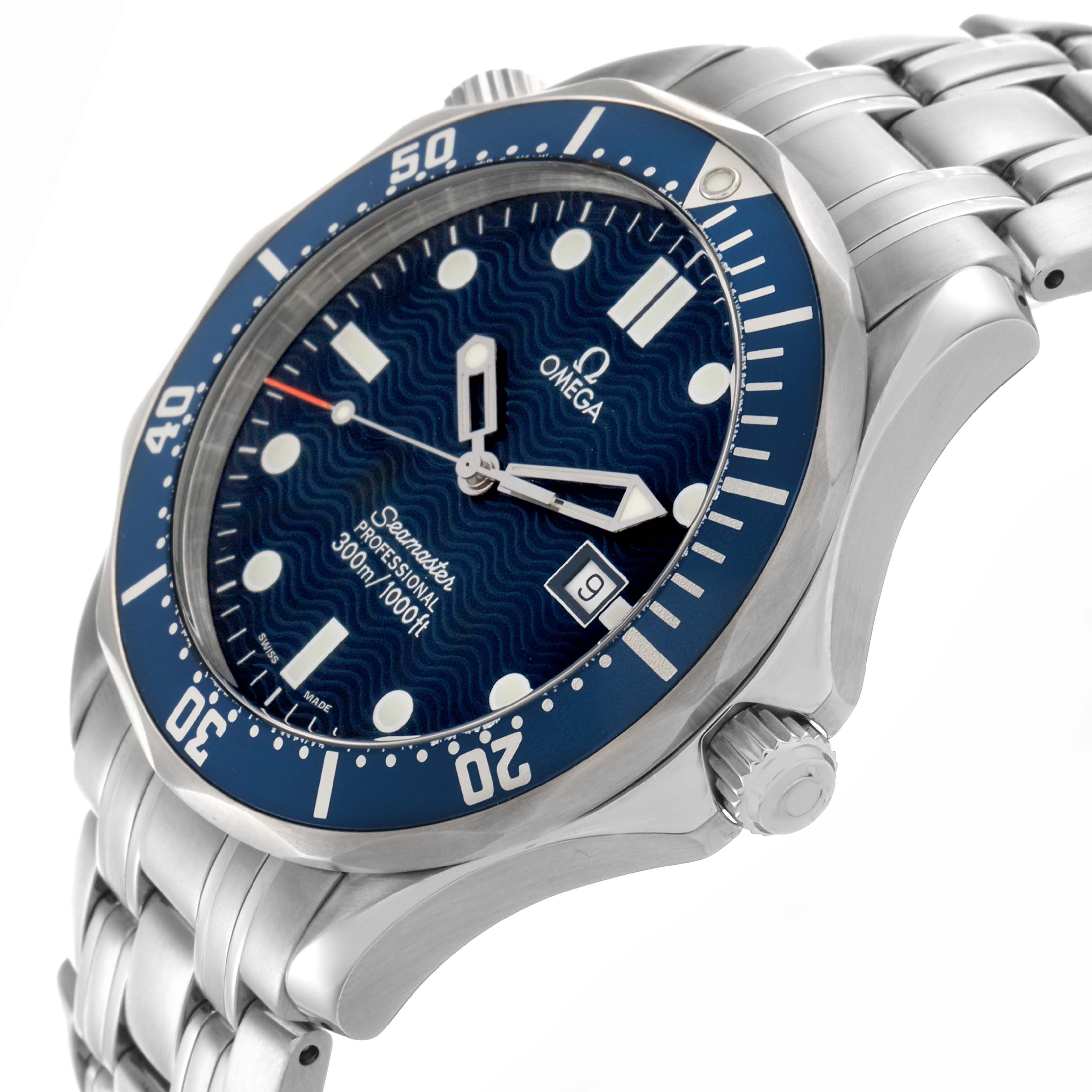 The Omega Seamaster 2541.80.00 Men
s Stainless Steel Blue Dial 2541.80.00 Men
s Stainless Steel Blue Dial model is shown at an angle highlighting the bezel, dial, hands, bracelet, and crown.