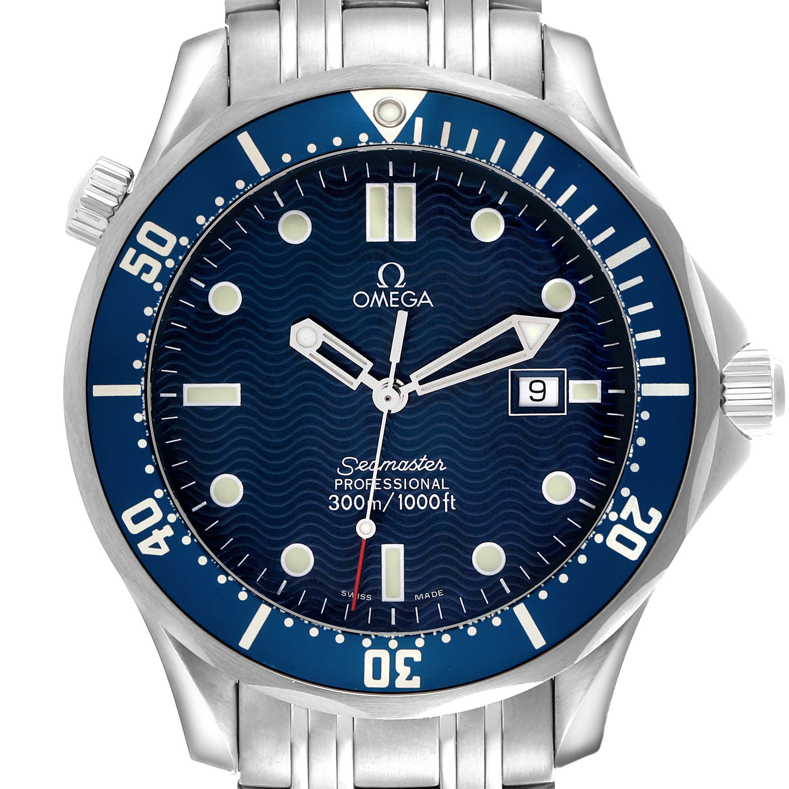 The Omega Seamaster 2541.80.00 Men
s Stainless Steel Blue Dial 2541.80.00 Men
s Stainless Steel Blue Dial watch is shown from the front, displaying the face, bezel, and part of the bracelet.