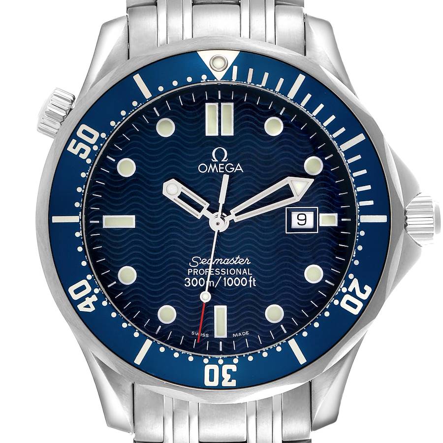 The Omega Seamaster watch is shown from the front, displaying the face, bezel, and part of the bracelet.