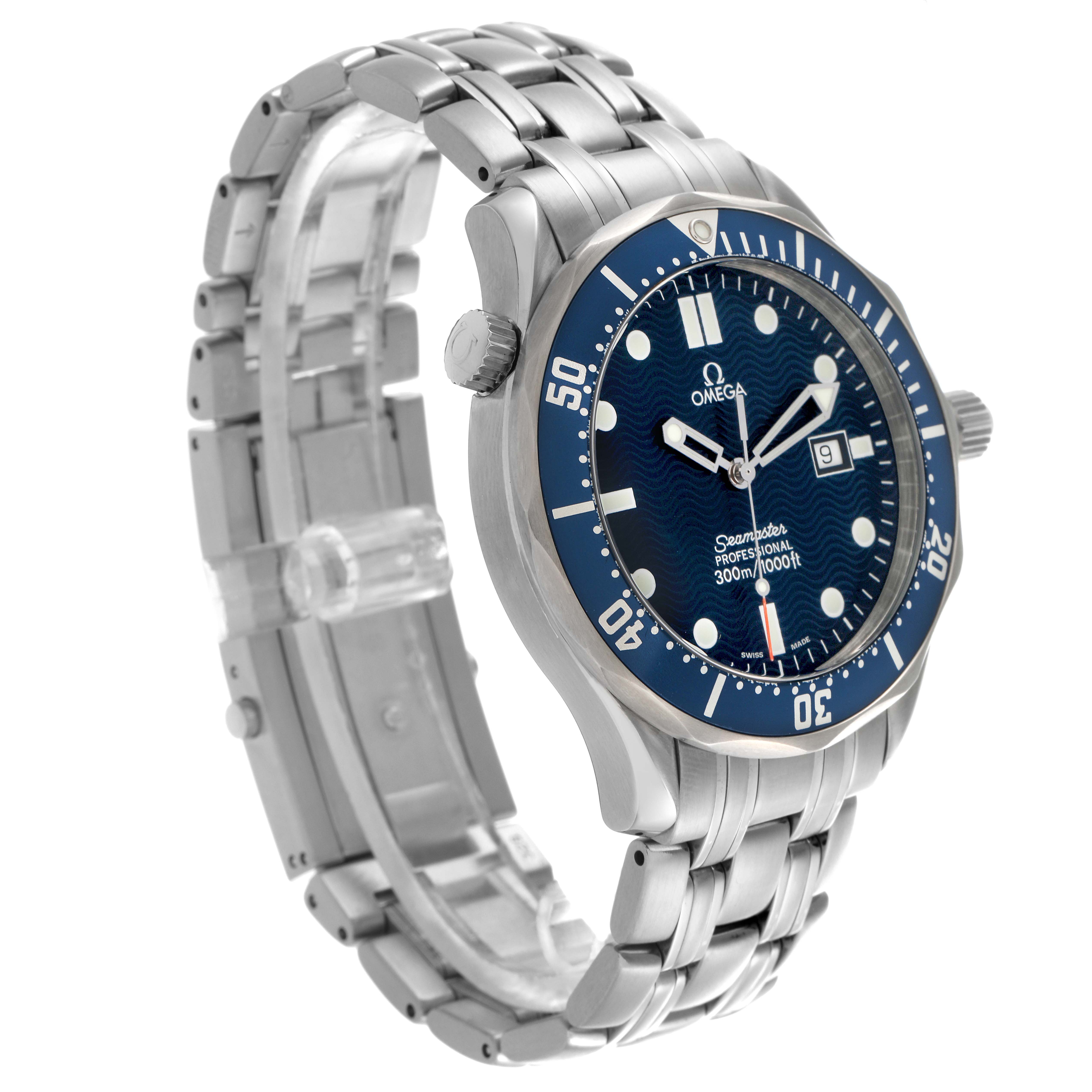 The Omega Seamaster 2541.80.00 Men
s Stainless Steel Blue Dial 2541.80.00 Men
s Stainless Steel Blue Dial watch is shown at a three-quarter angle, displaying the face, bezel, crown, and part of the bracelet.