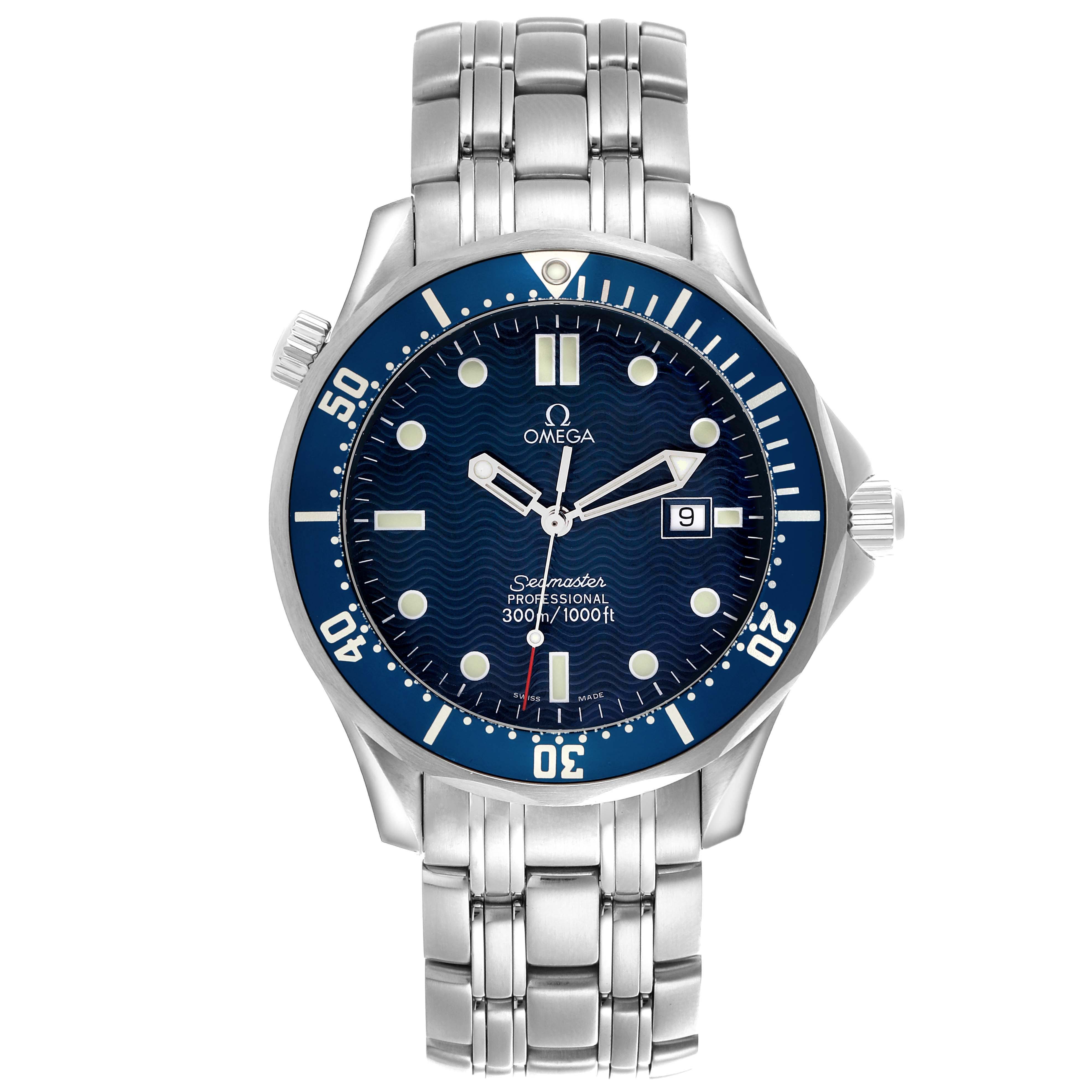 The Omega Seamaster 2541.80.00 Men
s Stainless Steel Blue Dial 2541.80.00 Men
s Stainless Steel Blue Dial watch is shown from a front view, highlighting the face, bezel, and bracelet.