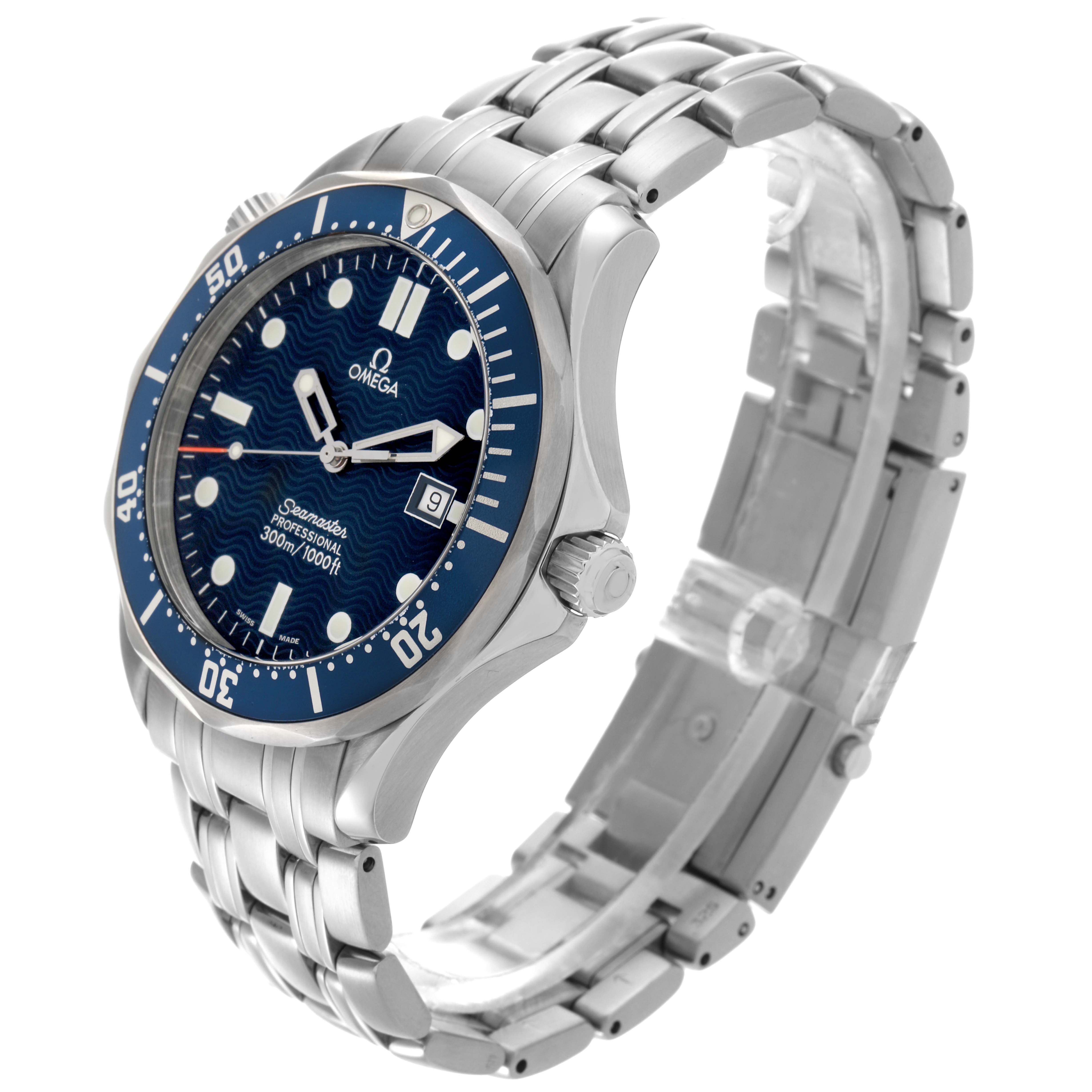 The Omega Seamaster 2541.80.00 Men
s Stainless Steel Blue Dial 2541.80.00 Men
s Stainless Steel Blue Dial watch is shown at a three-quarter angle, highlighting the face, bezel, crown, and bracelet.